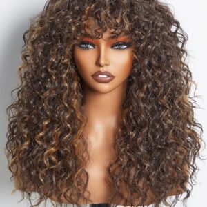 GORGIUS Shaggy Haircuts Natural Highlight Curly Wigs with Bangs Crafted with Style-Archive Technology: Premium Fiber & Remy Human Hair Blended, Realistic Look with True Scalp
