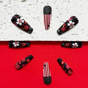 Flower 4th of July Press on Nails Long Coffin Fake Nails American Flag Striped Stars with Black Designs Patriotic False Nails Full Cover Independence Day Press Ones Nails for Women Manicure 24PCS