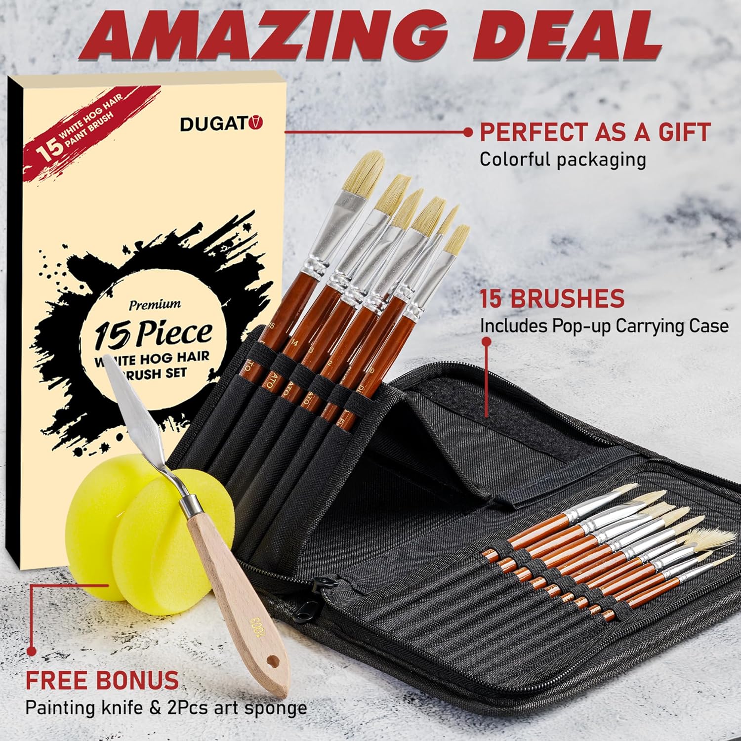 DUGATO Artist Paint Brush Set (15pc) - Hog Bristle Brushes for Oil, Acrylic, Gouache, Watercolor - Includes Pop-Up Case, Palette Knife & Sponges - Professional Art Supplies - Image 2