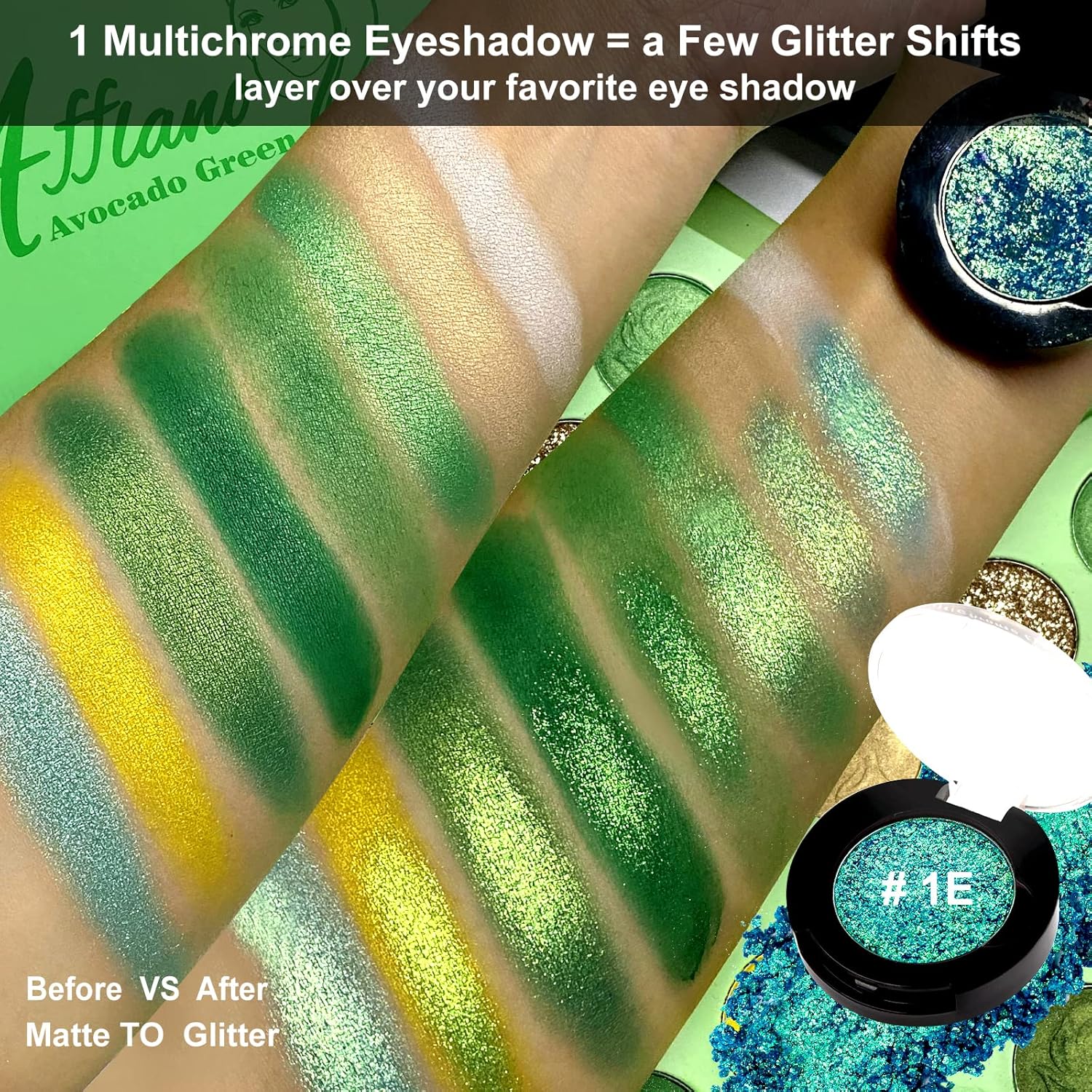 Afflano Single Green Eyeshadow - Shimmery, Highly Pigmented Multichrome, Color Changing Forest Green Glitter, Holographic Chrome Eye Shadow - Image 7