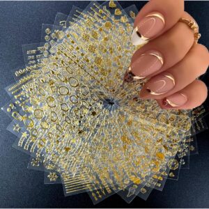 30 Sheets Gold Nail Art Stickers 3D Self-Adhesive Nail Decals Gold Line Star Nail Stickers for Acrylic Nails Gold Leaf Diamond Nail Supplies for Women