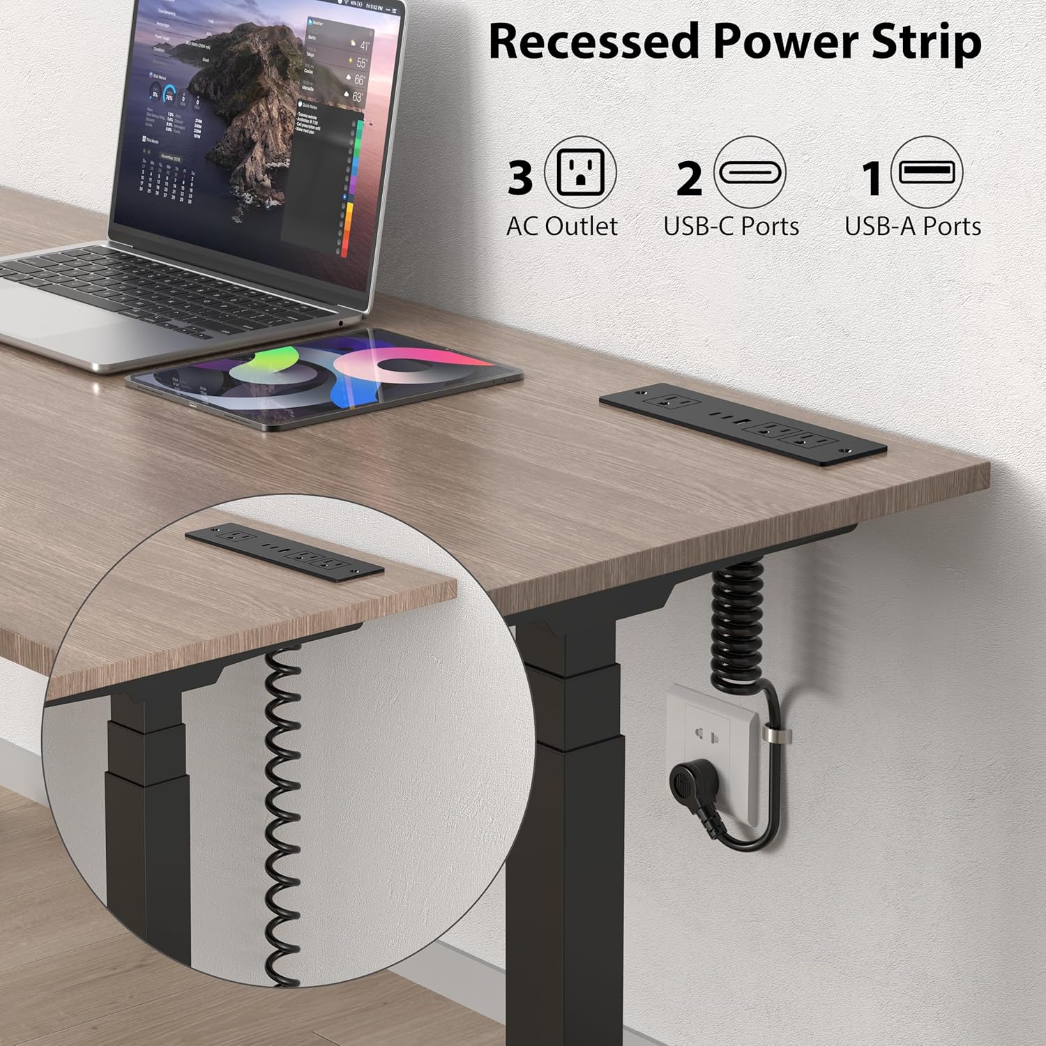 Furniture Drawer Outlet, Recessed Power Strip with (3) PD 20W USB Ports Fast Charging & (3) 15 Amp AC Outlets, (14 AWG) 5 FT Spring Black Cord - Image 2