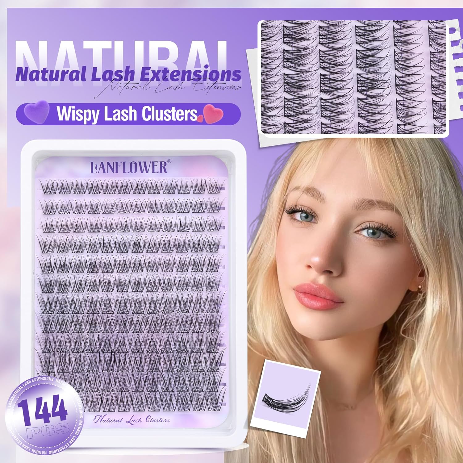 Natural Lash Clusters Kit Wispy Lash Extension Kit Waterproof Lash Clusters C Curved Cluster Eyelash Extensions Kit 144pcs Individual Lashes 10-16mm Eyelash Extension Kit by Lanflower - Image 5