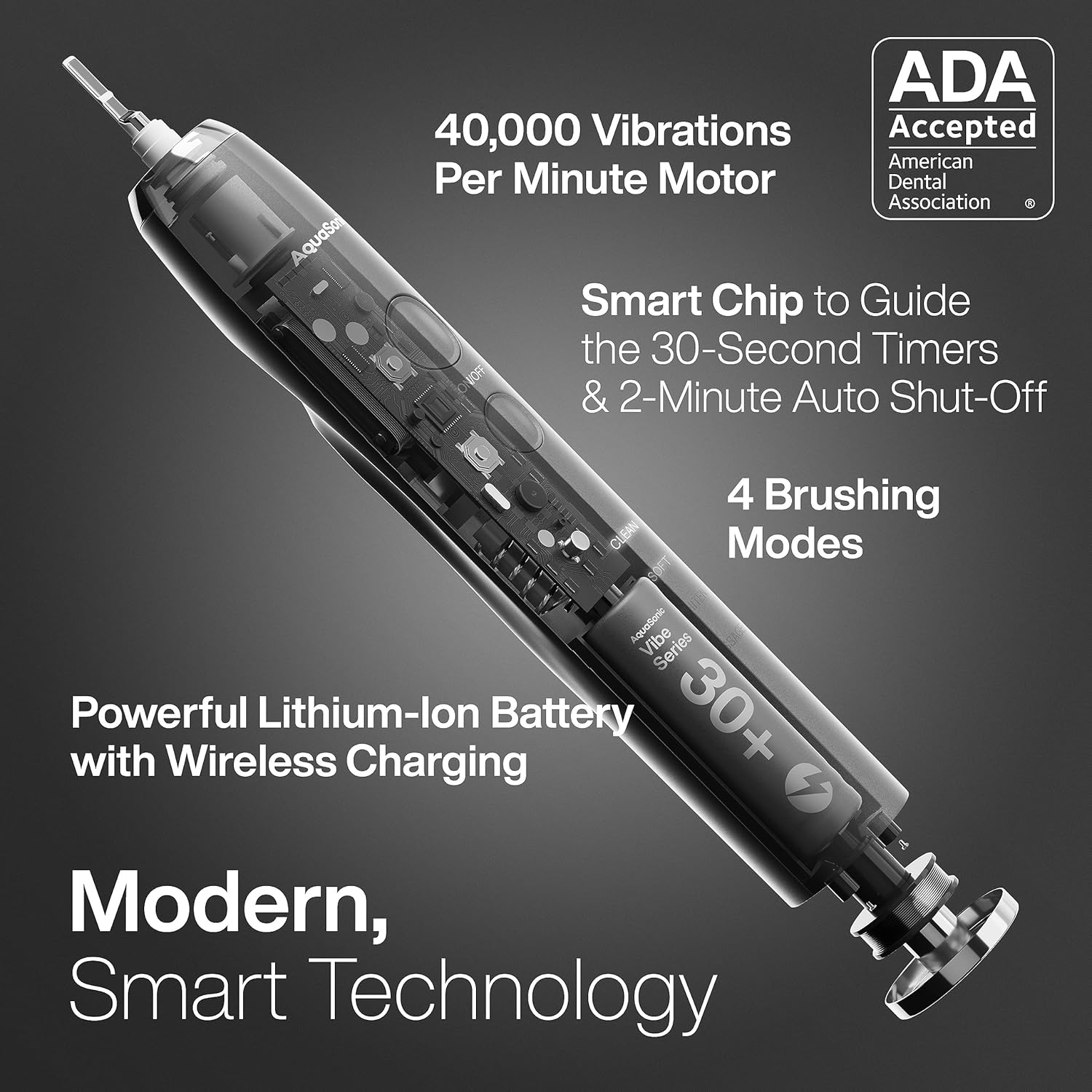 Aquasonic Vibe Series Ultra-Whitening Toothbrush – ADA Accepted Electric Toothbrush - 8 Brush Heads & Travel Case – 40,000 VPM Motor & Wireless Charging - 4 Modes w Smart Timer – Charcoal Metallic - Image 2