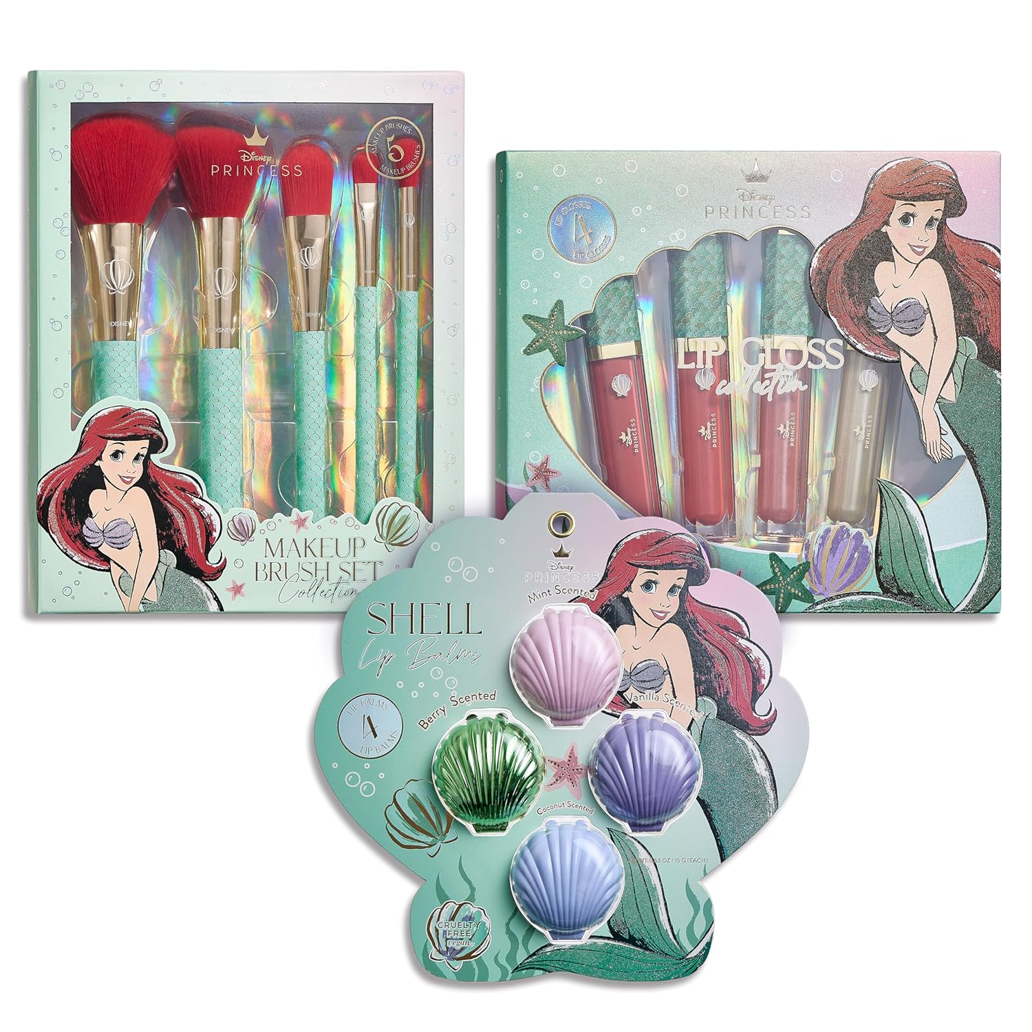 Disney Belle Maison Cosmetic Makeup Set, Makeup Essential, Princess Ariel - Includes 5pc Makeup Brush, 4pc Lip Gloss, 4pc Lip Balm - Image 9