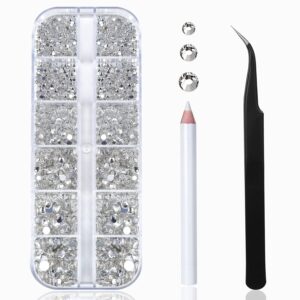Nail Art Rhinestones Kit HUETFAT 2400pcs Nail Gems Crystal Clear Flatback Rhinestones Gems Stones, with Storage Organizer Box/Wax Pencil/Tweezers 6 Sizes (1.9-4.5 mm) for Nail Art Craft