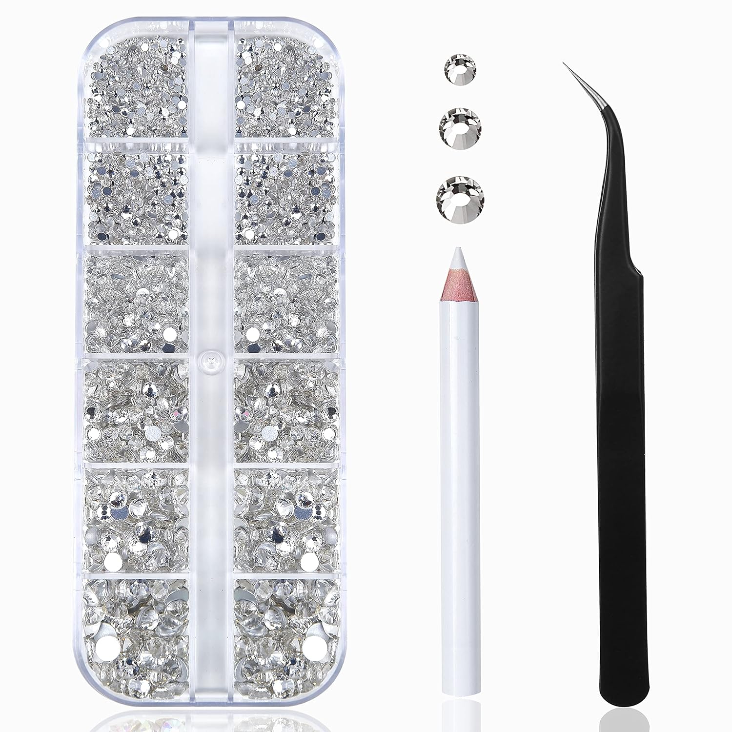 Nail Art Rhinestones Kit HUETFAT 2400pcs Nail Gems Crystal Clear Flatback Rhinestones Gems Stones, with Storage Organizer Box/Wax Pencil/Tweezers 6 Sizes (1.9-4.5 mm) for Nail Art Craft