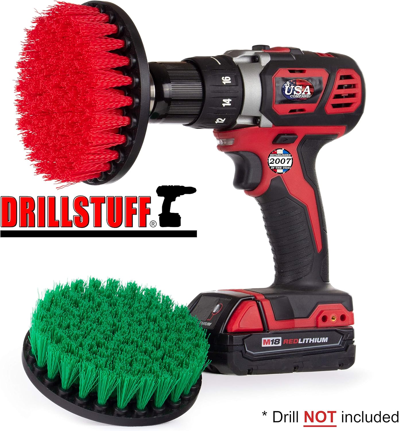 Cleaning Brush Set - 5-inch Medium & Stiff Bristle Drill-Powered Brushes - Green & Red - Kitchen, Tile, Floor & Outdoor Use - Stainless Steel Handle - Nylon Bristles - Image 7