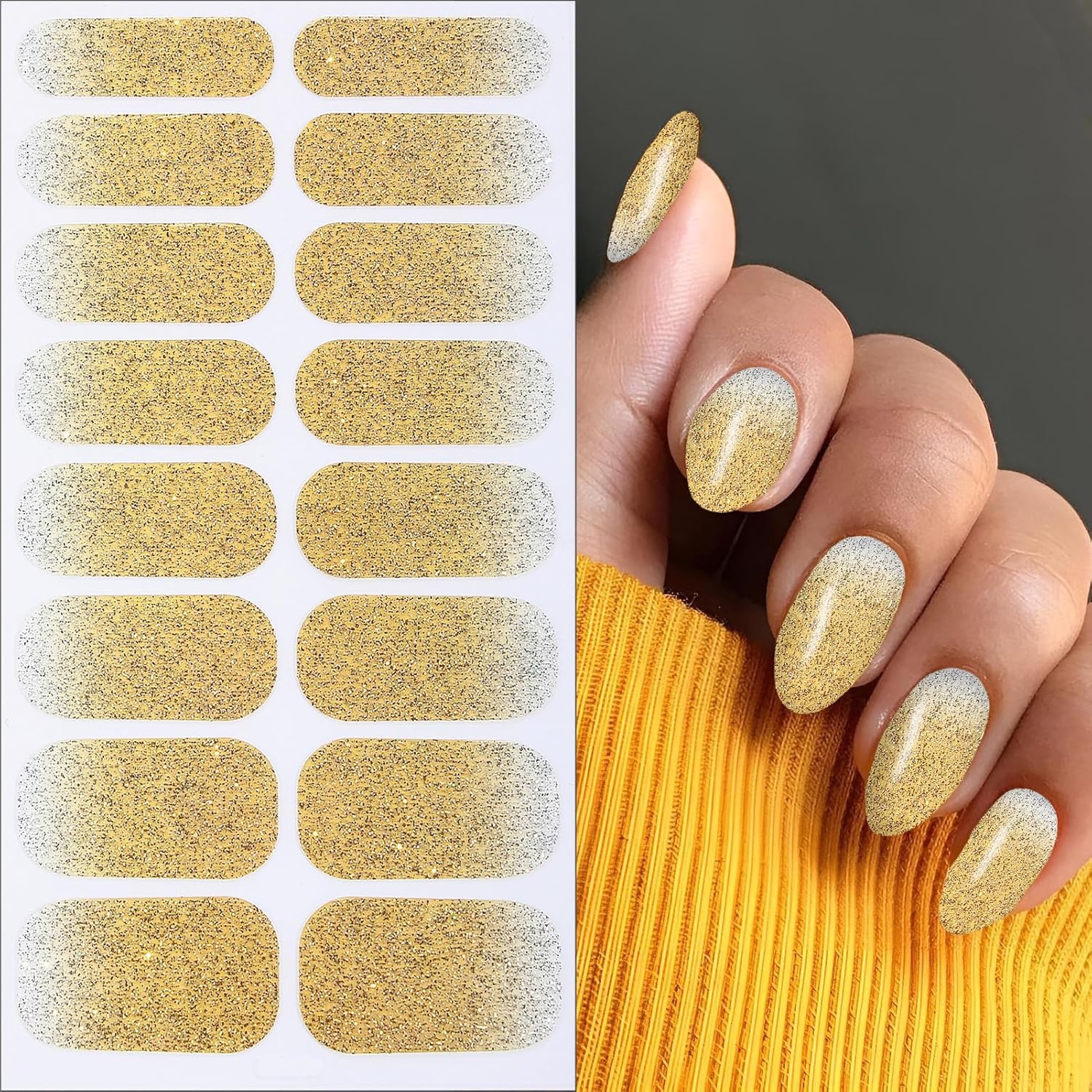 8 Sheets Gradient Glitter Nail Wraps Full Stickers Nail Polish Strips, DIY Self-Adhesive Fashion Color Nail Art Decals Party Women Decor with 1 Pcs Nail Files (128 Pieces) - Image 4