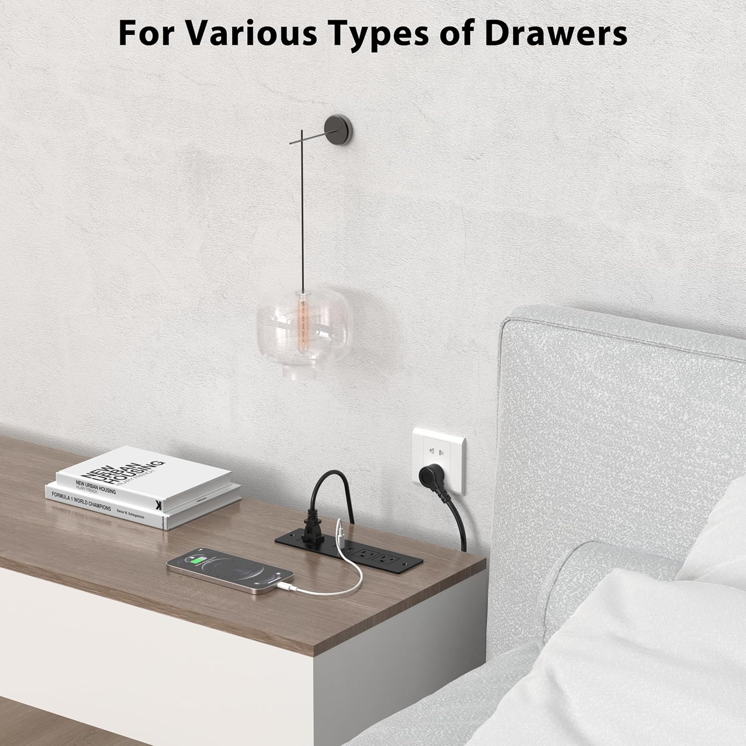 Furniture Drawer Outlet, Recessed Power Strip with (3) PD 20W USB Ports Fast Charging & (3) 15 Amp AC Outlets, (14 AWG) 5 FT Spring Black Cord - Image 6