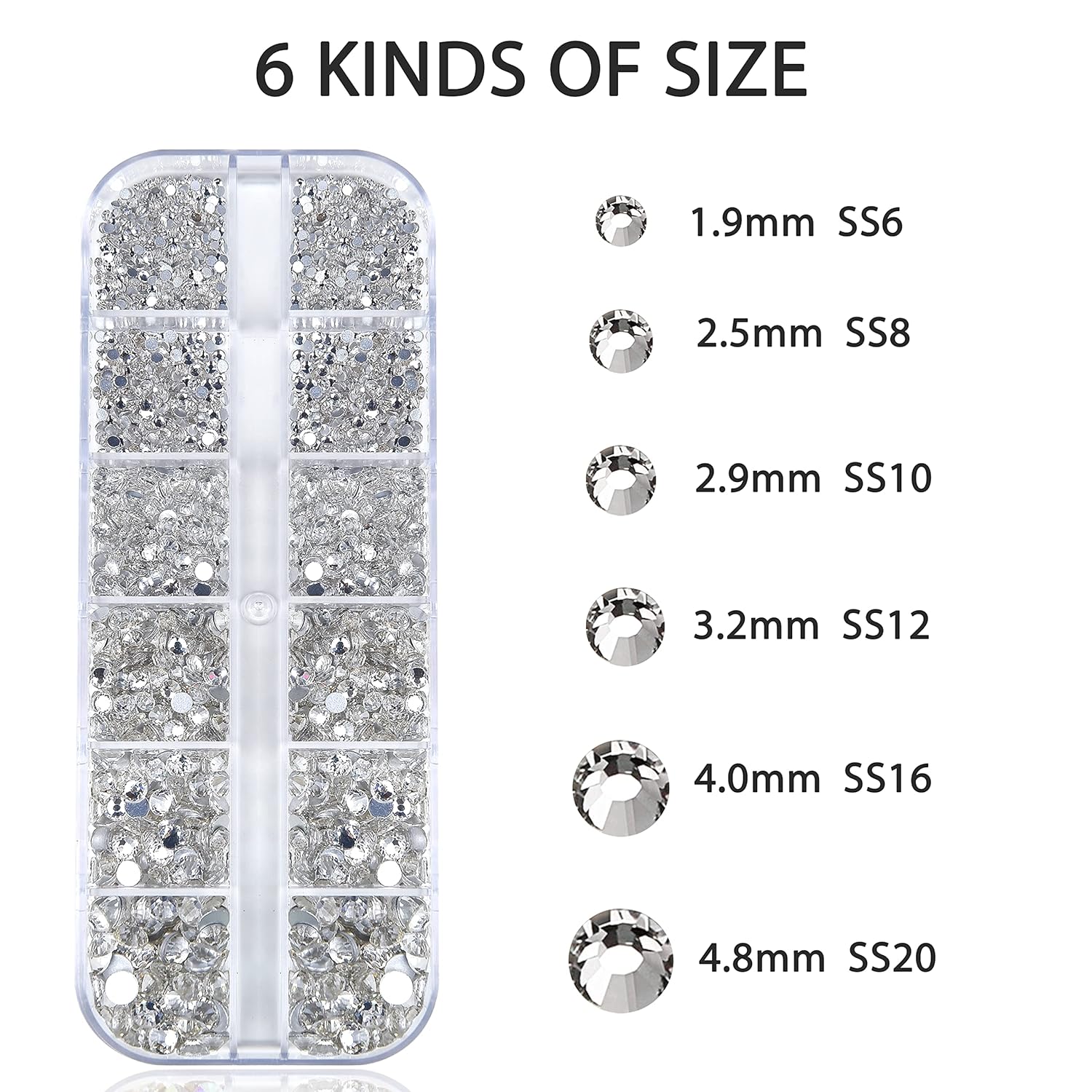 Nail Art Rhinestones Kit HUETFAT 2400pcs Nail Gems Crystal Clear Flatback Rhinestones Gems Stones, with Storage Organizer Box/Wax Pencil/Tweezers 6 Sizes (1.9-4.5 mm) for Nail Art Craft - Image 2