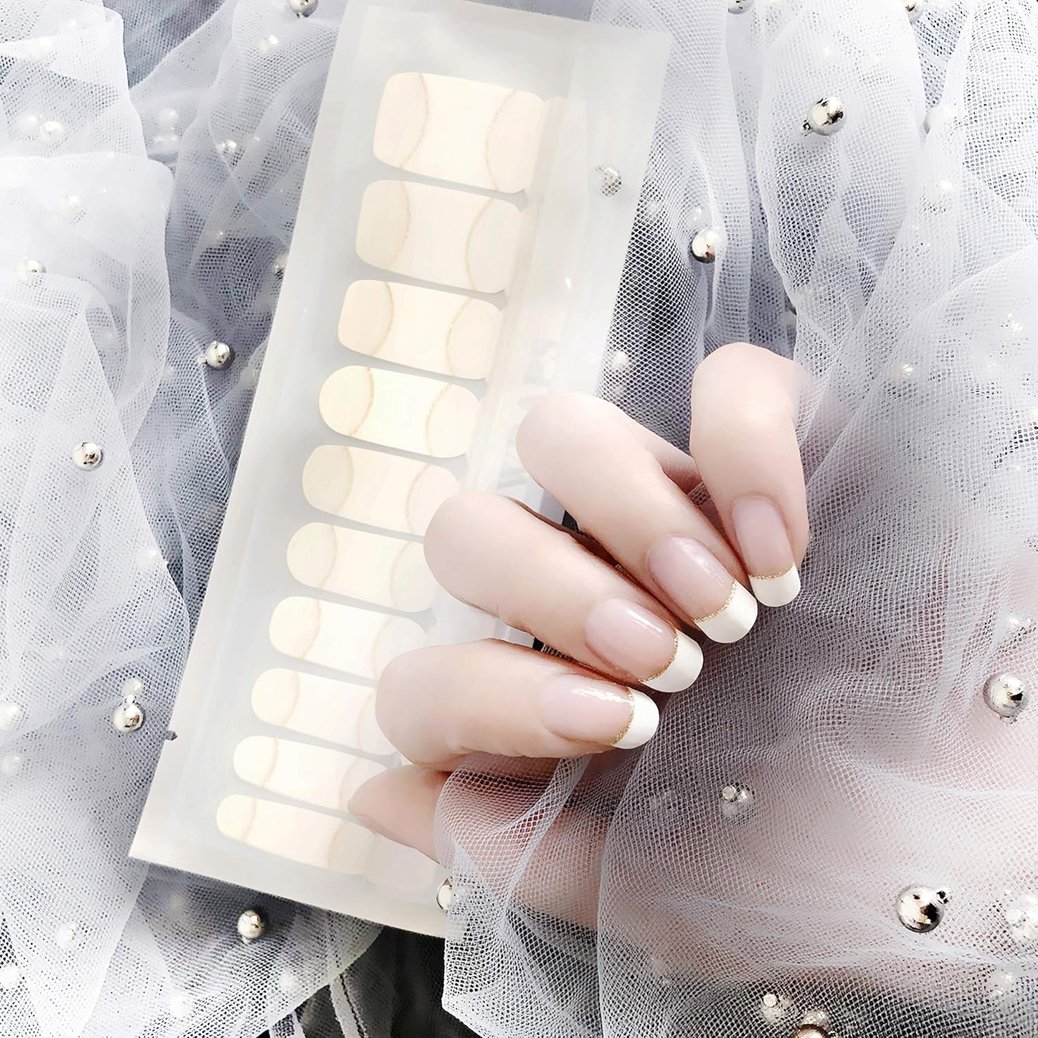 LIHI Color 22PCS Adhesion Nail Art Transfer Decals Sticker French Series DIY Nail Polish Strips,Nail Wraps, 100% Real Nail Polish,French Bent