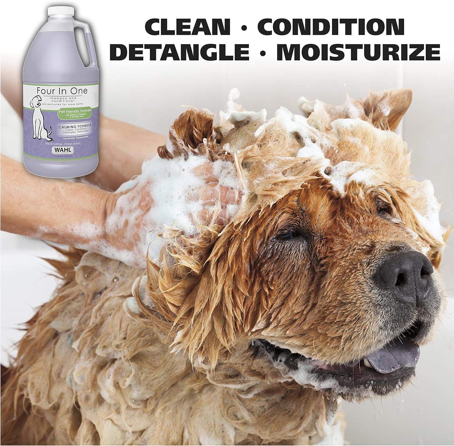 Wahl USA 4-in-1 Calming Pet Shampoo for Dogs โ Cleans, Conditions, Detangles, & Moisturizes with Lavender Chamomile - Pet Friendly Formula โ 64 Oz - Model 821000-050 - Image 2