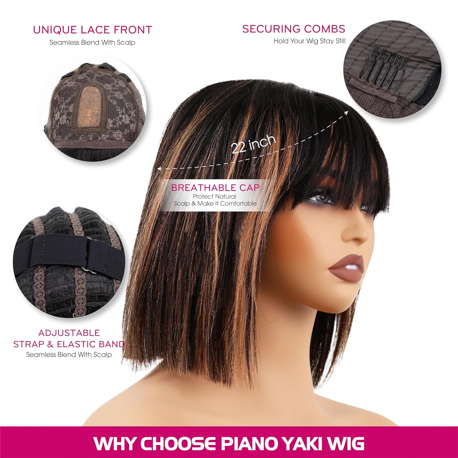 10 inch Yaki Straight Bob Wig Vietnamese Human Hair Wig Pre-Bleached, Wear and Go Lace Bob Wig Human Hair 180% Density Piano Brown, Glueless Wig Human Hair with Blunt Bangs - Image 2