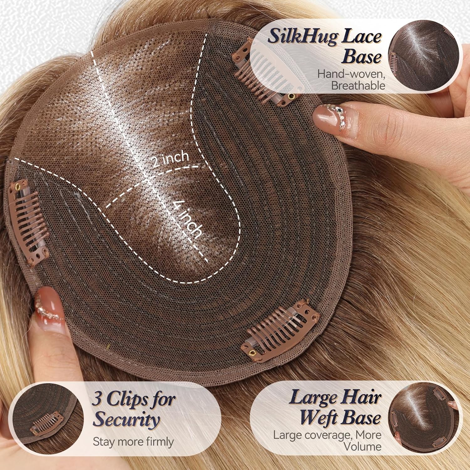 starluck 6x5 inch Lage Swiss Base SilkHug 14 Inch Real Human Hair Toppers,60 Gram, 100% Real Human Hair Toppers for Women with thinning (Ombre Blonde, with Bangs) - Image 2