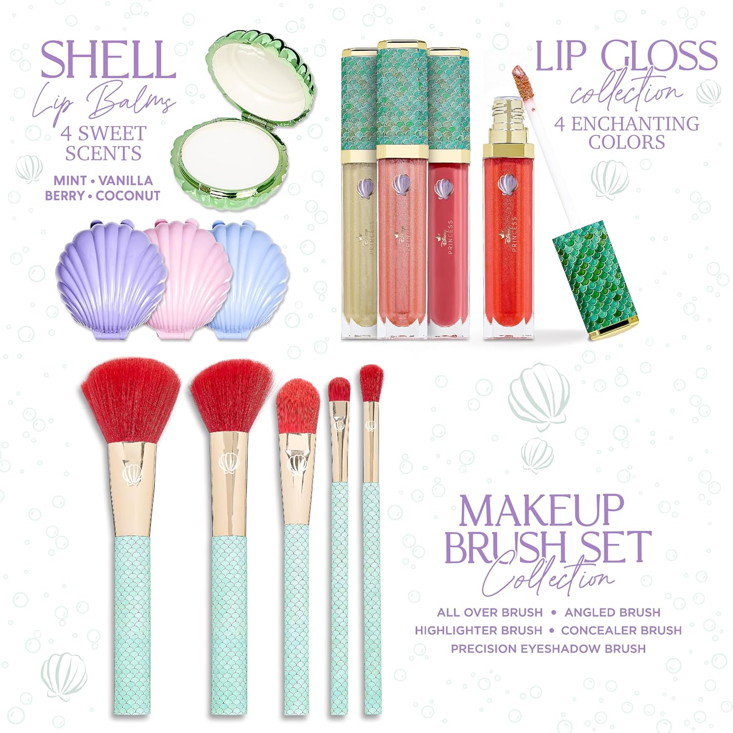 Disney Belle Maison Cosmetic Makeup Set, Makeup Essential, Princess Ariel - Includes 5pc Makeup Brush, 4pc Lip Gloss, 4pc Lip Balm - Image 2