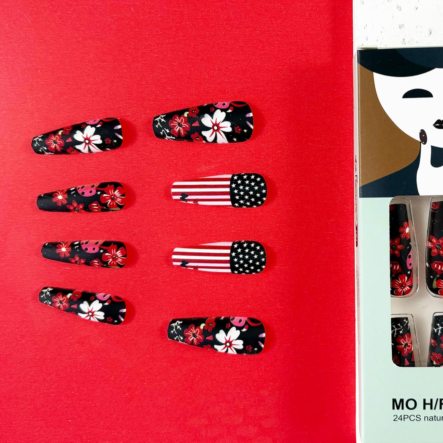 Flower 4th of July Press on Nails Long Coffin Fake Nails American Flag Striped Stars with Black Designs Patriotic False Nails Full Cover Independence Day Press Ones Nails for Women Manicure 24PCS - Image 3