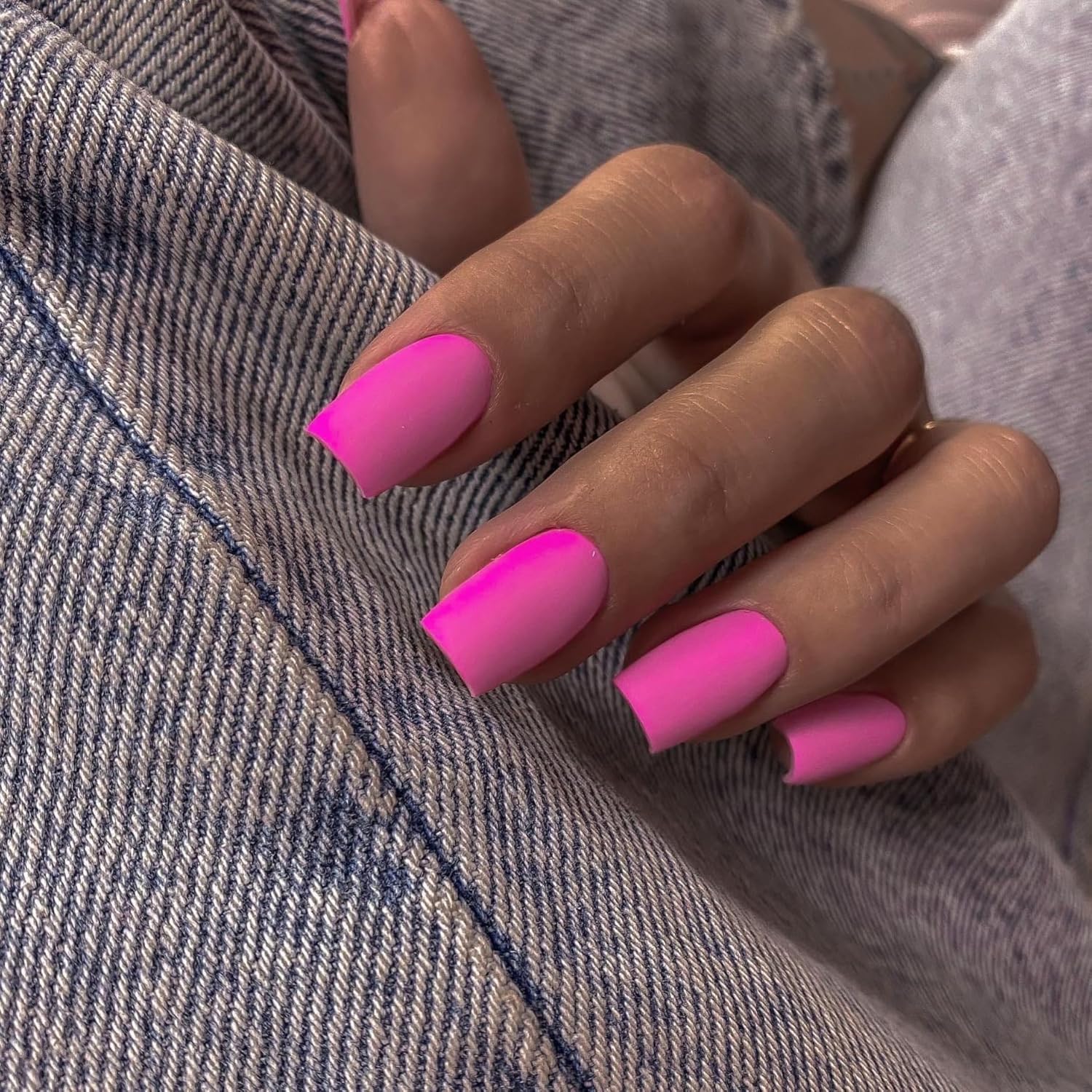 Matte Hot Pink Press on Nails Short Medium Square Glue on Nails Set,KQueenest Solid Color Fake Nails Short Coffin Acrylic Nails Press on Gel Nails for Women Reusable False Nails in 24 Pcs - Image 2