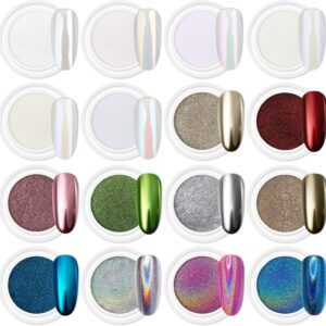 Artdone 16Jars Chrome Nail Powder Magic White Pearl Kit Mirror Effect Silver Metallic Holographic Dip Nail Powder For Resin Craft & Nail Art Fimo, Decoration Iridescent Aurora Mermaid Pigment