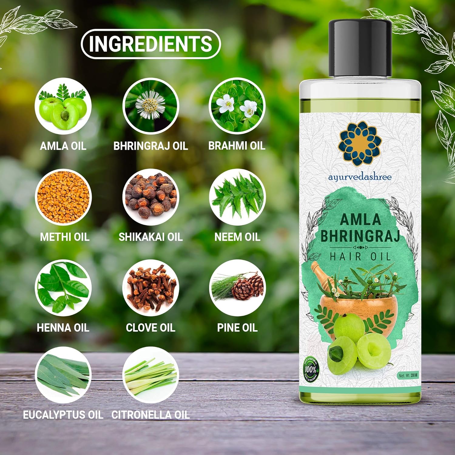 Hair Oil, 200 ml with Amla , Bhringraj , Brahmi , Methi , Shikakai , Neem , Henna , Pine , Clove , Eucalyptus & Citronella Oil - Image 4