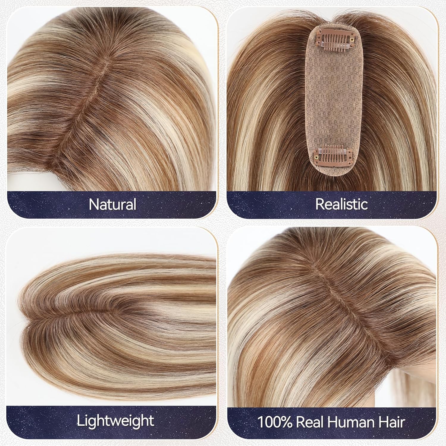 starluck Hair Toppers for Women Real Human Hair 4.5"*1.5"Silk Base ombre Blonde mix Brown HairPieces No Bangs 100% Real Human HairToppers for Women with ThinningHair Cover Gray Roots - Image 5