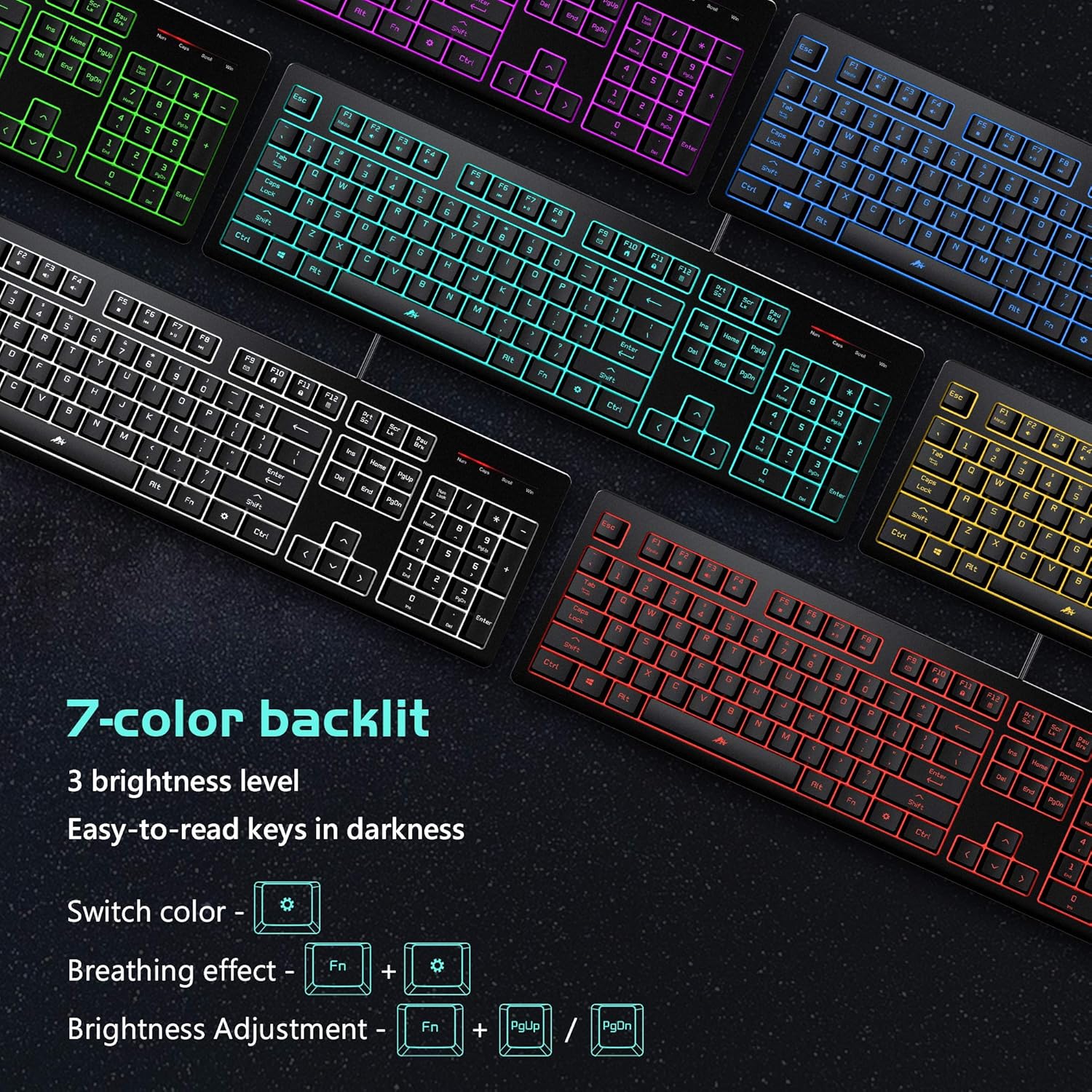 Light Up Quiet Gaming Keyboard - Membrane Silent Wired Keyboard with Low Profile Lighted Key for Computer, Windows PC Gamer - Full Size, Black - Image 4
