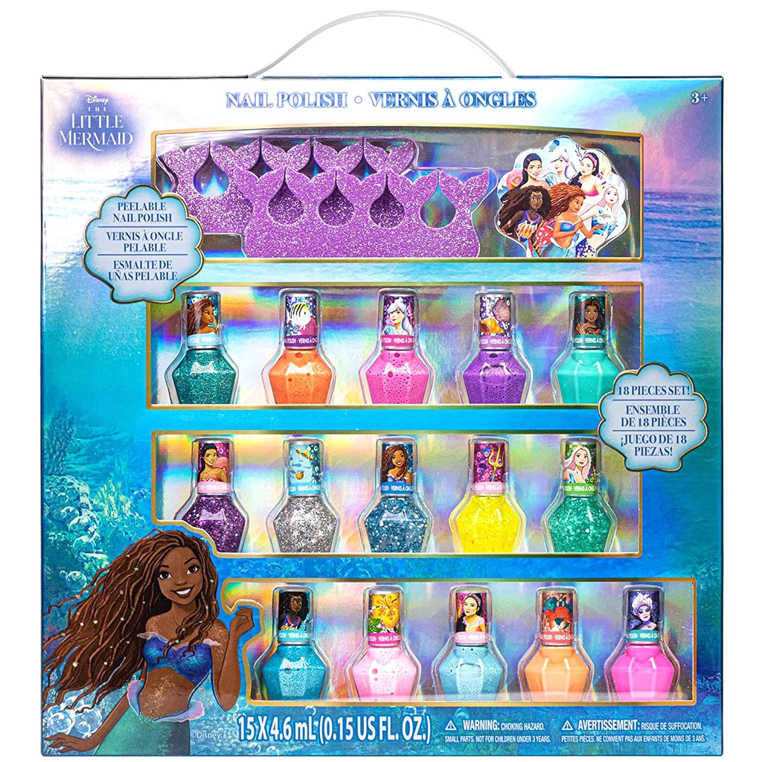 Disney The Little Mermaid Ariel Kids Washable Nail Polish Set, Pretend Play Makeup Beauty Set Birthday Toys Gift for 3 4 5 6 7 8 9 10 11 12 Years Old Kid