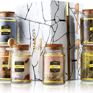 Bath Salts Gift Set with Lavender, Arabica Coffee, Mango, Sugar, Himalayan & Coconut, 6pc Bath Soaks, Relaxing Spa Salt with Essential Oils, Vitamin E, Jojoba Oil, Shea Butter, Fresh Herbs