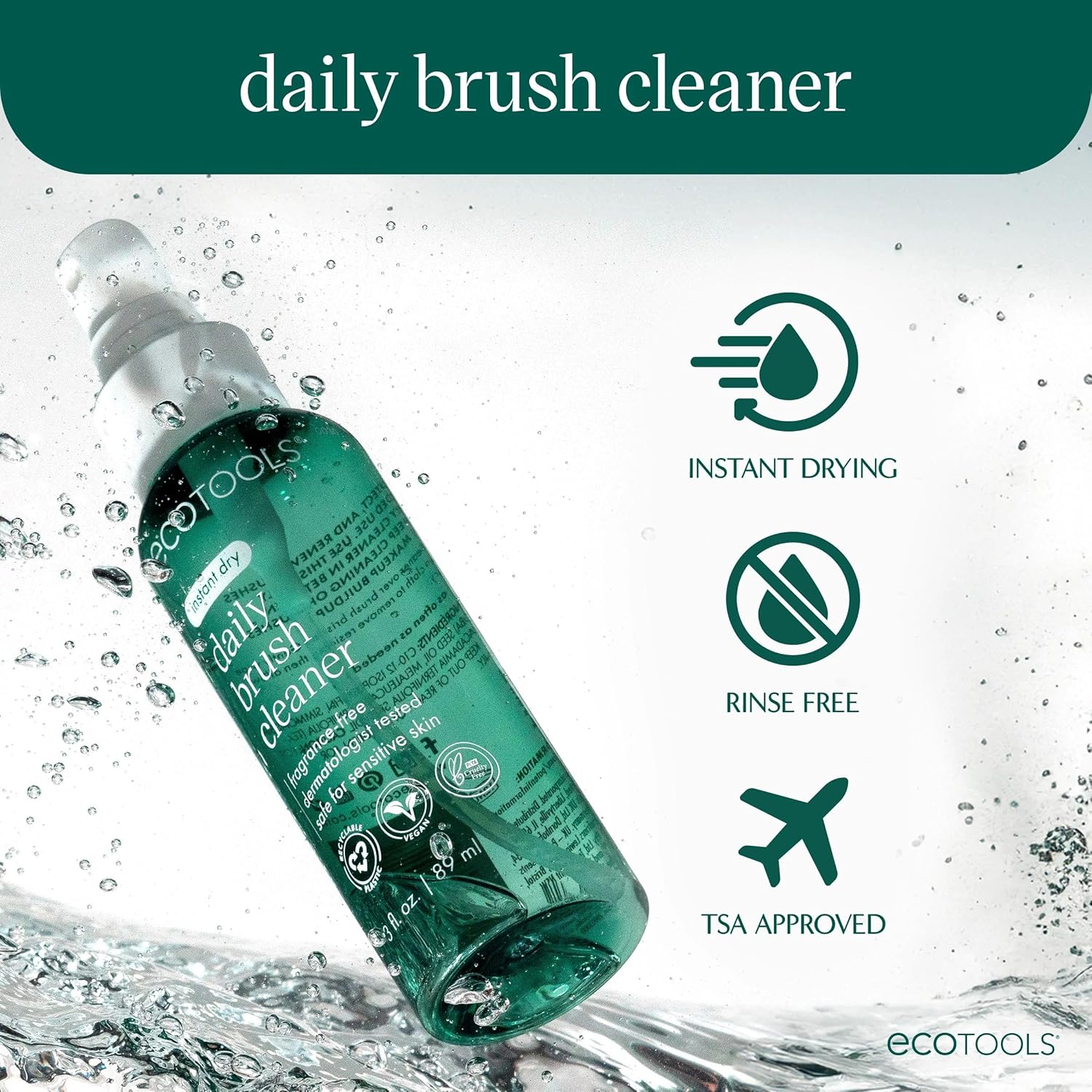 EcoTools Daily Makeup Brush Cleanser Spray, Quick Drying, Fragrance Free & Dermatologist Tested, Travel Size, TSA Approved, Cruelty-Free & Vegan 3 fl oz./89 ml. Bottle - Image 3