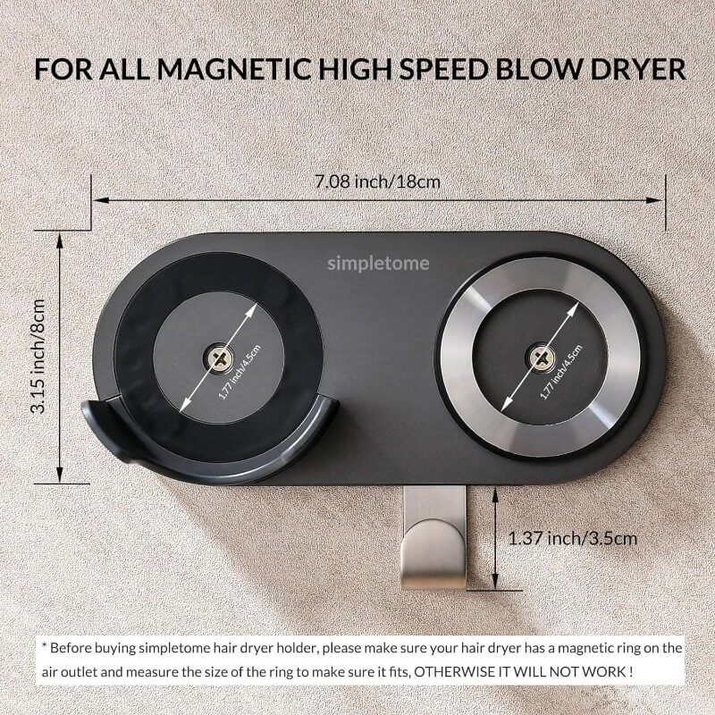 simpletome Hair Dryer Holder Wall Mount for All Magnetic High Speed Blow Dryer with Plug Cord Organizer Hook (Aluminum Alloy, Grey) - Image 6