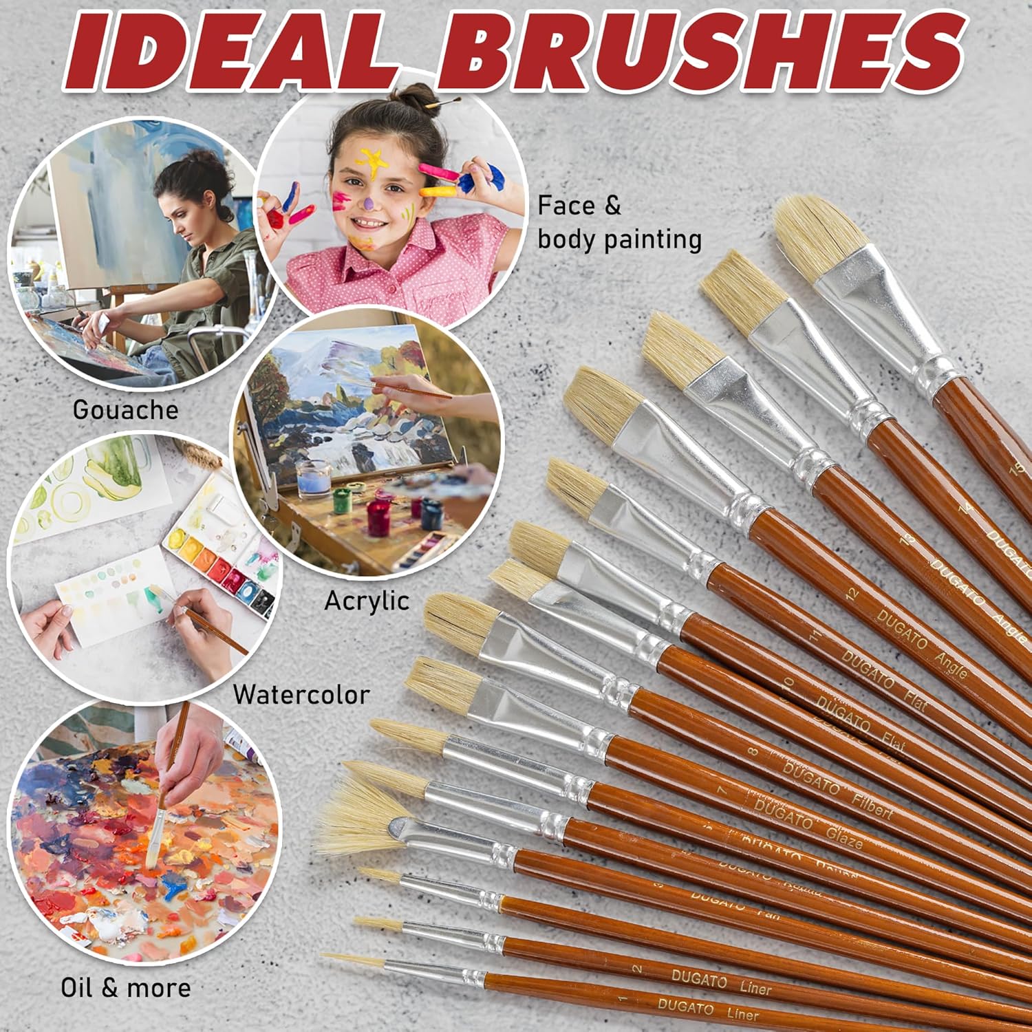 DUGATO Artist Paint Brush Set (15pc) - Hog Bristle Brushes for Oil, Acrylic, Gouache, Watercolor - Includes Pop-Up Case, Palette Knife & Sponges - Professional Art Supplies - Image 5