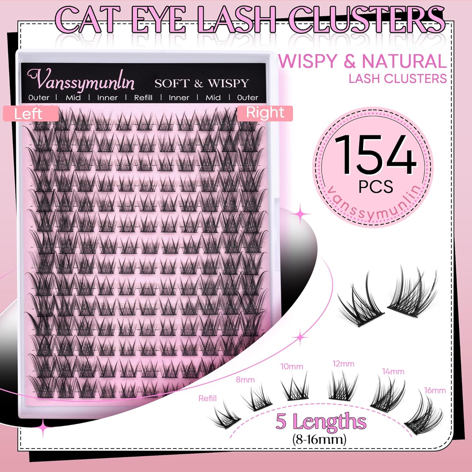 Wispy Lash Clusters Kit Cat Eye Lash Extension Kit 154pcs Cluster Eyelash Extensions Kit Individual Lashes Natural for False Eyelashes Clusters with Tweezers Lash Bond and Seal by Vanssymunlin - Image 2
