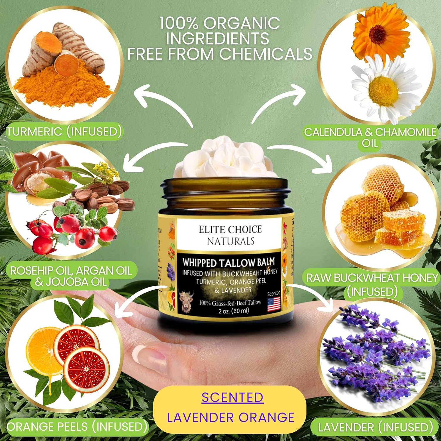 Tallow and Honey Balm – Whipped Beef Tallow for Skin & Face – Grass Fed Beef Tallow Organic Moisturiser – Nourishing Cream for Dry Sensitive Eczema Rosacea & Acne Prone Skin(2 Fl oz, Lavender Orange) - Image 3