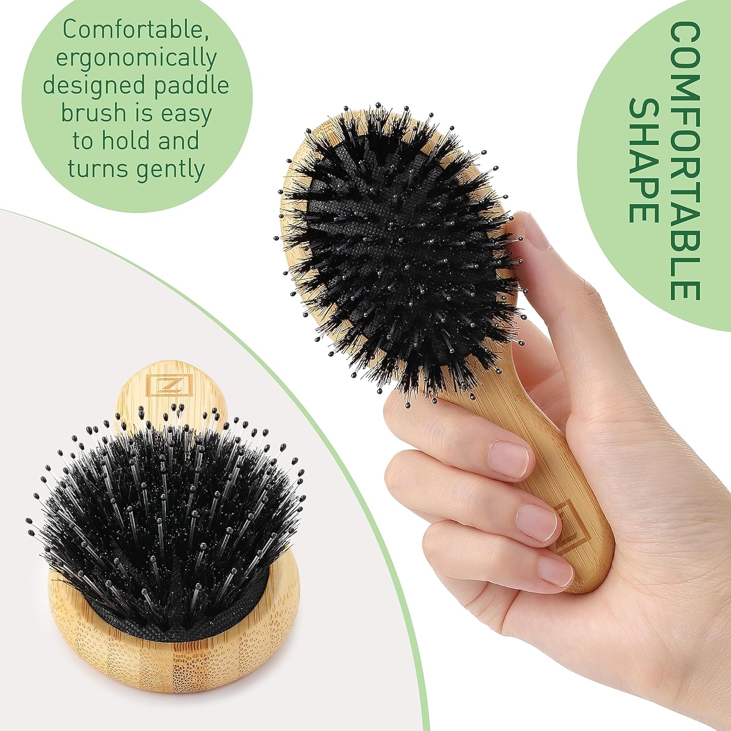 Natural Boar Bristle Hair Brush mini size, portable, easy carry for Women, Men, Kids; Dry and Wet Detangling Hair Brush Gently Enhances Shine, for Fine and Straight, Thick and Curly Hair - Image 5