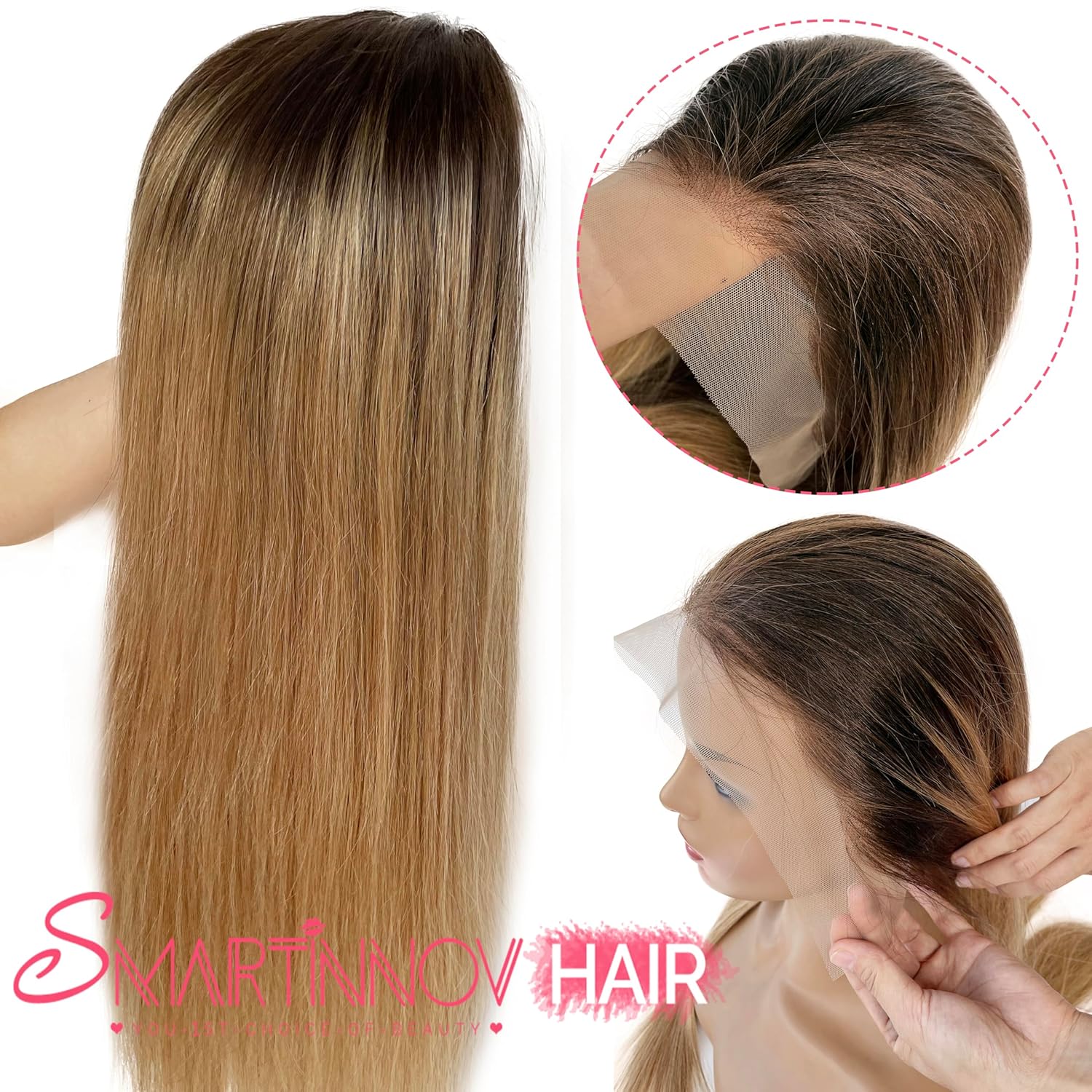 Ombre Honey Blonde 16 Inch 150 Density Human Hair Wig with Dark Roots and HD Lace Frontal - Image 2