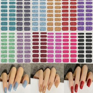 12 Sheets Glitter Nail Wraps Nail Polish Strips Solid Color Nail Polish Stickers Shine Full Wrap Nail Decals Self Adhesive Nail Art Polish Stickers for Women Girls Manicure Tips Decor