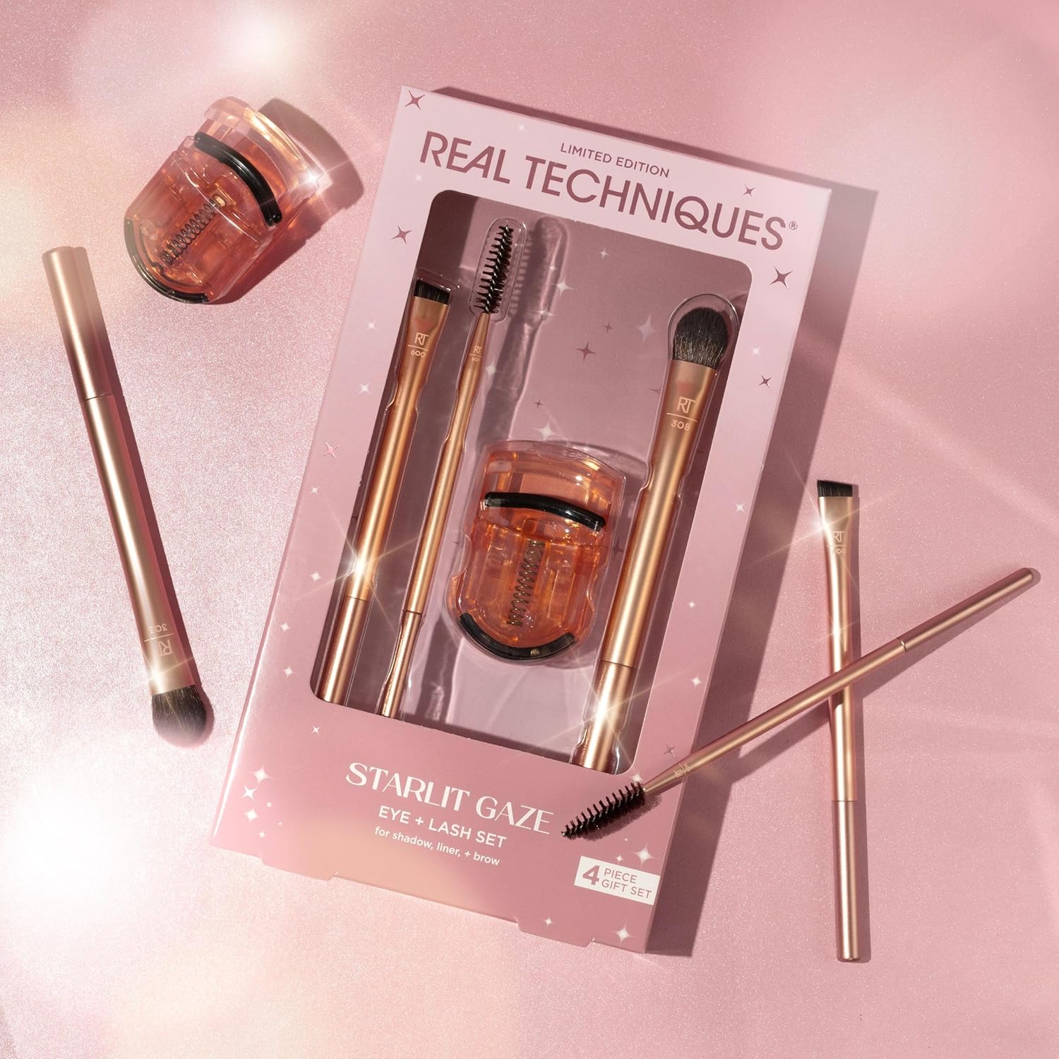 Real Techniques Starlit Gaze Eye + Lash 4 Piece Holiday Gift Set, Eye Makeup Brush Set For Eyeshadow & Brow Products, Mini Eyelash Curler For Travel, Stocking Stuffer, Limited Edition, Cruelty-Free - Image 4
