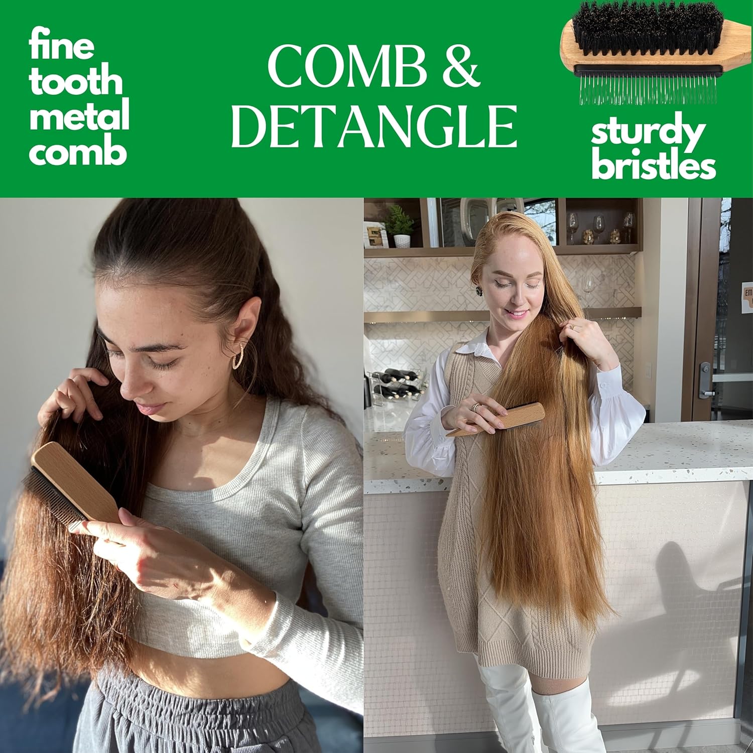 GranNaturals Boar Bristle Slick Back Hair Brush w/Comb for Smoothing Sleek Ponytail Bun - Wide Rat Tail & Metal Comb Hairbrush for Parting, Teasing, Backcombing, Sectioning, Edge Control, Flyaways - Image 4