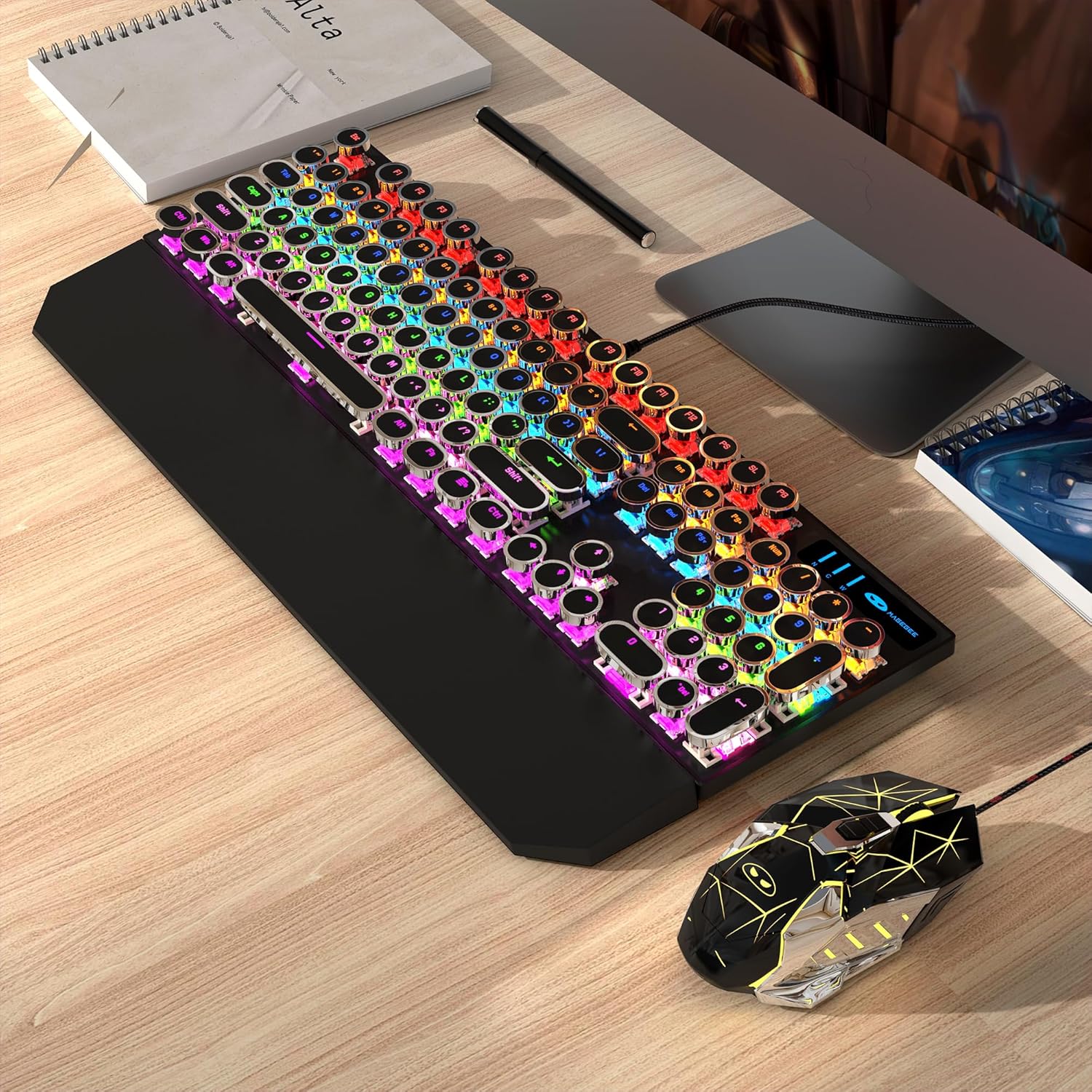 Typewriter Mechanical Gaming Keyboard and Mouse Combo, Retro Punk Round Keycaps RGB Rainbow Backlit Wired Keyboard for Game and Office, for Windows Laptop PC, Red Switches(Black) - Image 6
