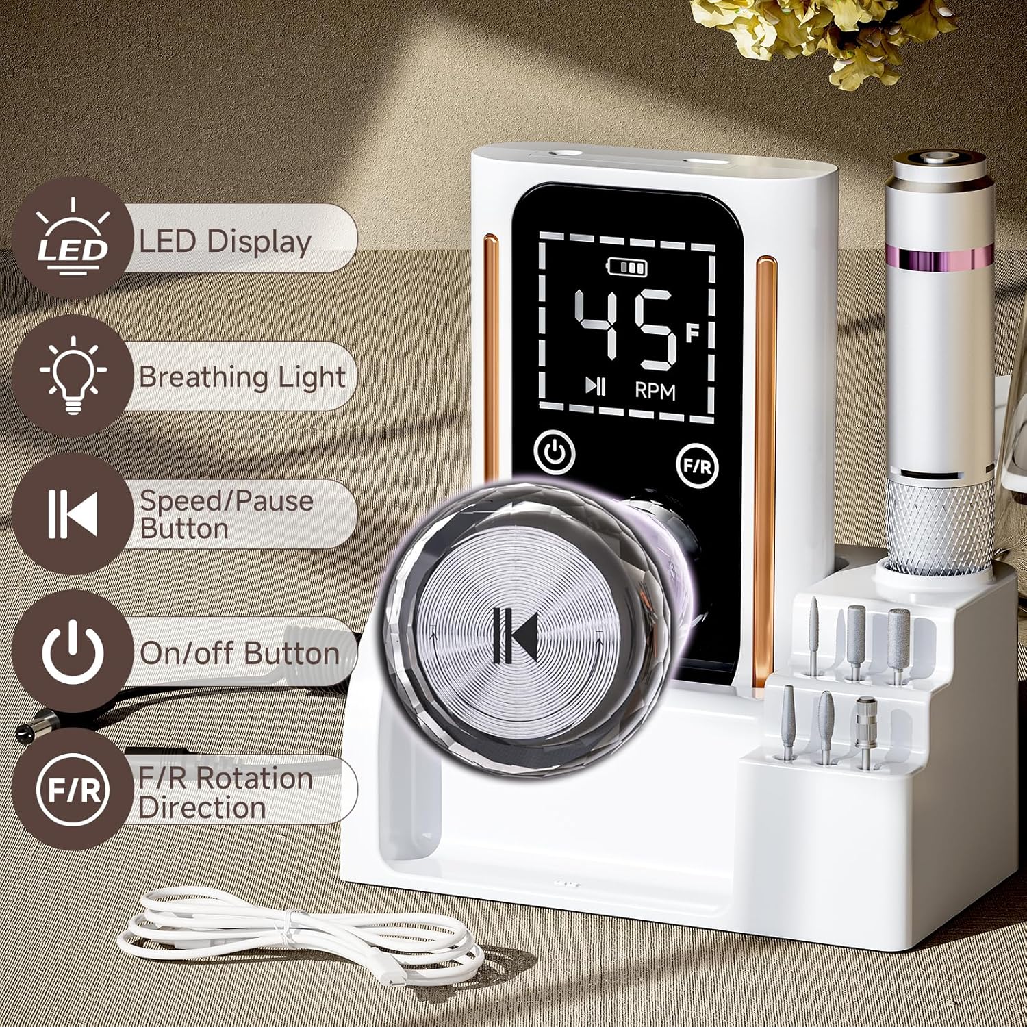 Nail Drill, Portable Electric Nail File 45000RPM, Rechargeable Nail Drill Professional with Bits & Base, for Acrylic Gel Nails, E-File Machine, Manicure Polishing, for Salon Home, White - Image 2