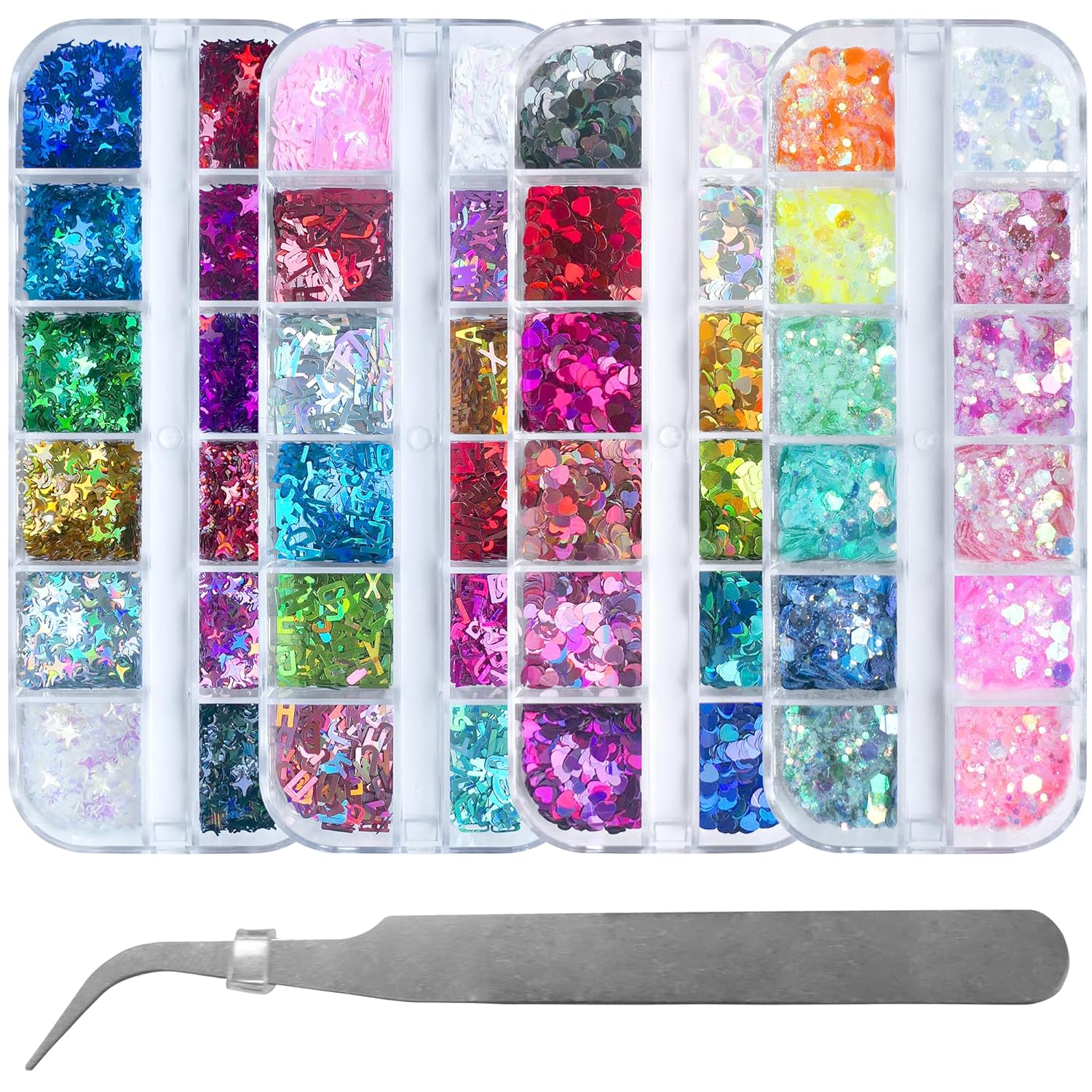 LoveOurHome 4 Boxes Holographic Nail Glitters Sequins Set Iridescent Heart Alphabet Letter Star Chunky Glitter Flakes Acrylic Nail Art Tips Stickers Decorations for Craft/Resin Art/Makeup