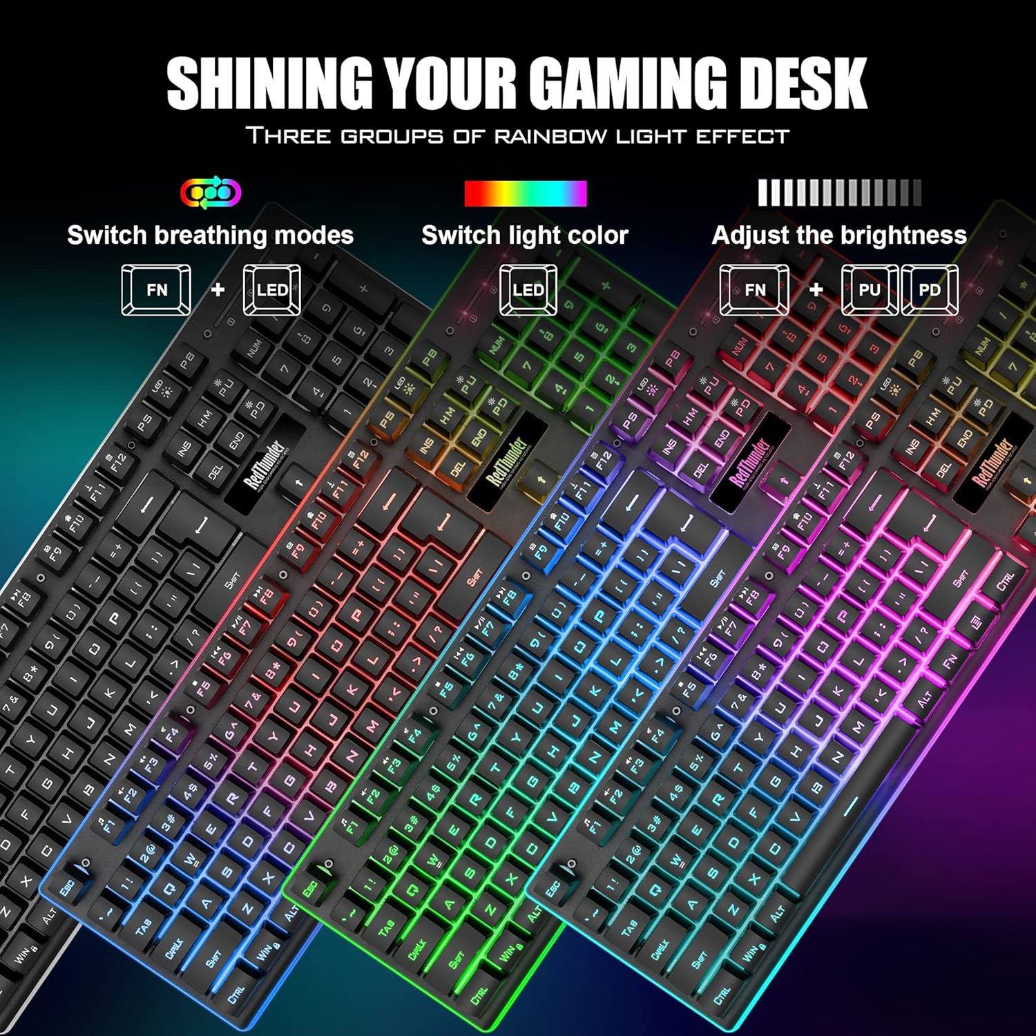 RedThunder K10 Wireless Gaming Keyboard and Mouse Combo, LED Backlit Rechargeable 3800mAh Battery, Mechanical Feel Anti-ghosting Keyboard + 7D 3200DPI Mice for PC Gamer (Black) - Image 4