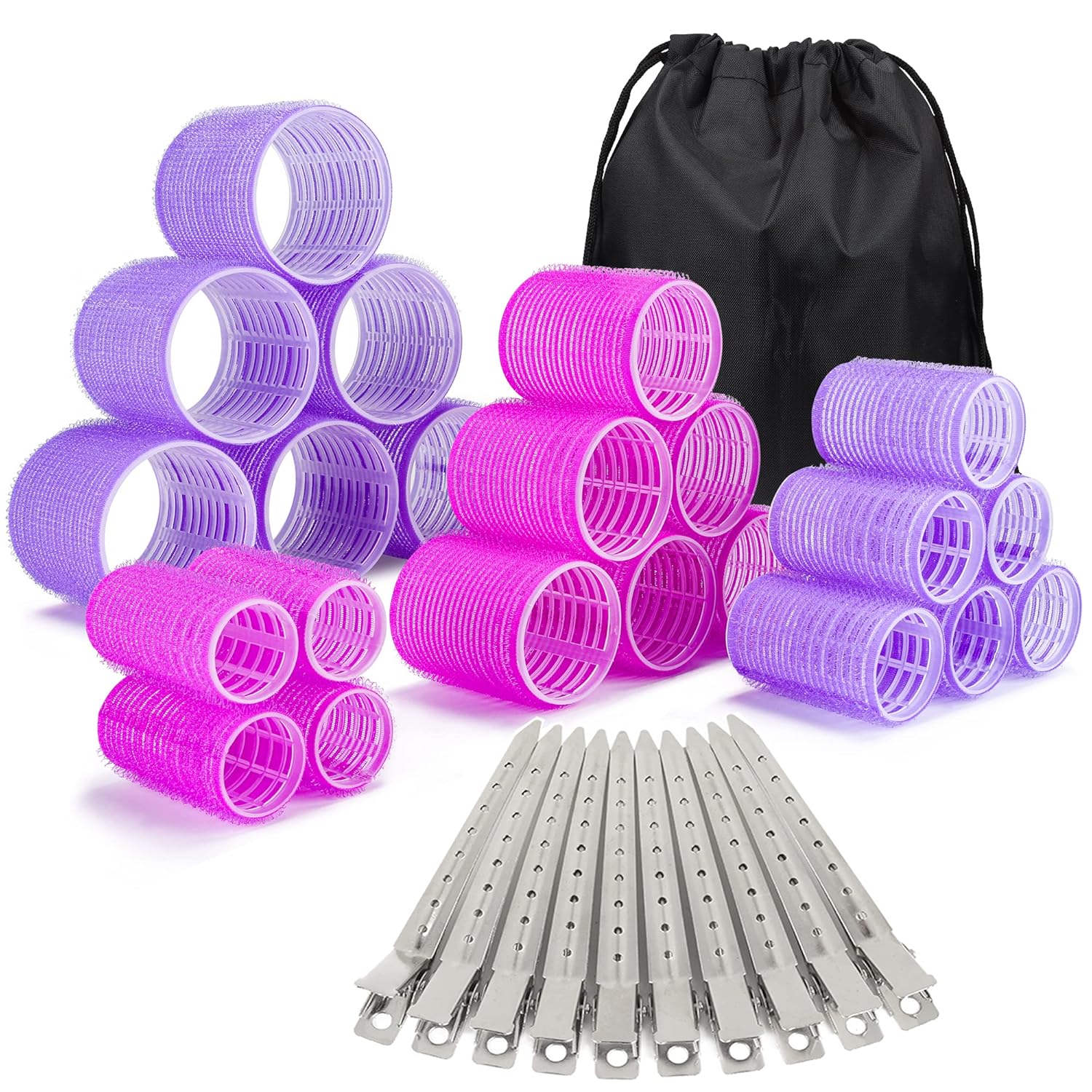 33 Piece Hair Rollers set, Self Grip Hair Rollers for Long Medium Short Hair, ELASO Large Medium Hair Curler (22 Rollers + 10 Stainless steel Clip +1 Storage Bag)