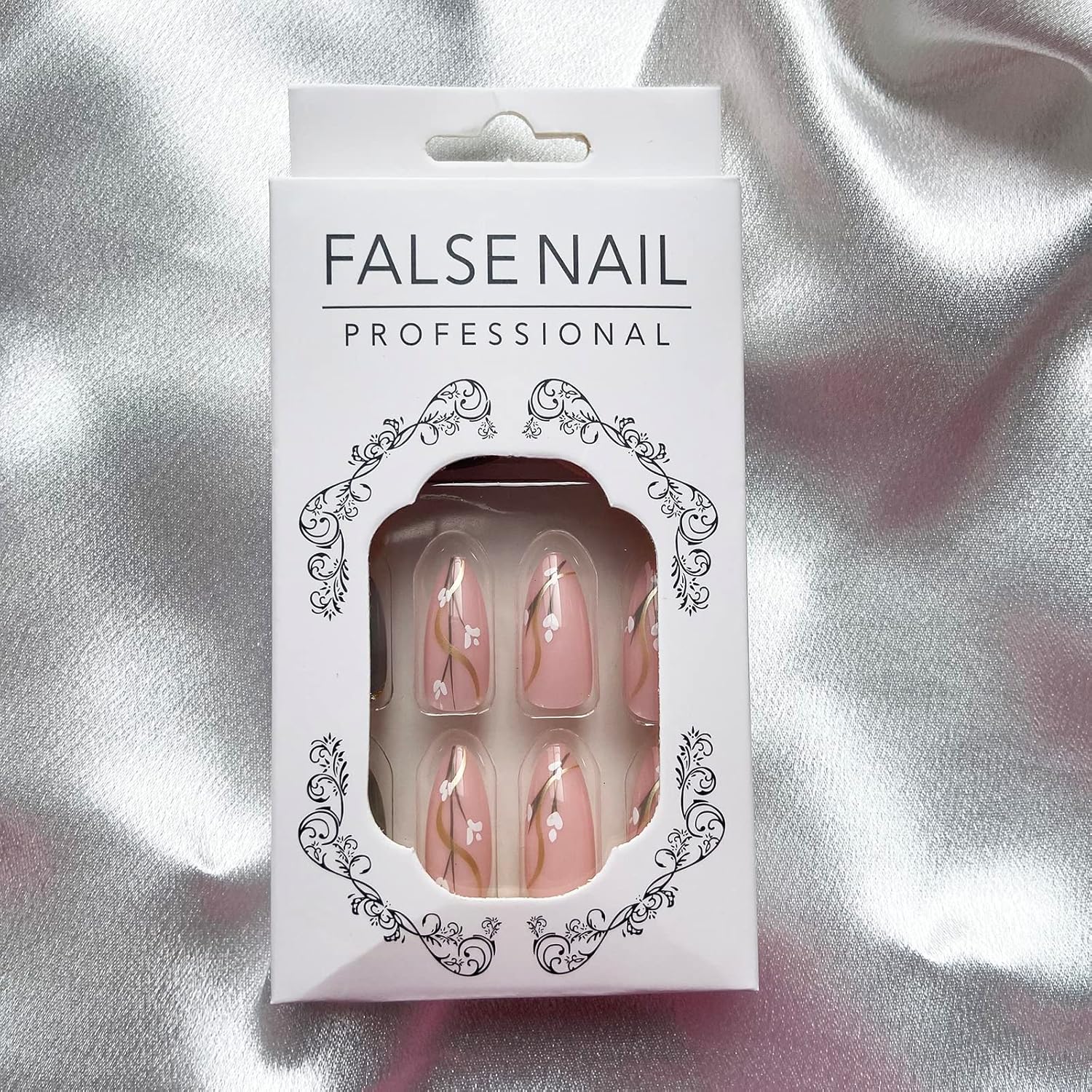 Almond Press on Nails Flower Fake Nails Medium False Nails with Designs Grey Acrylic Nails Gold Line Stick on Nails Spring Summer Glue on Nails Full Cover Glossy Artificial Fake Nails for Women Girls - Image 5