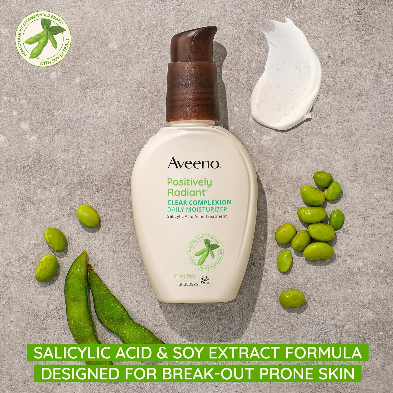 Aveeno Positively Radiant Clear Complexion Face Moisturizer, Acne Facial Moisturizer with Soy and Salicylic Acid for Oily Skin, Hypoallergenic Formula, Paraben-Free, Non-Comedogenic, Pump, 4 FL OZ - Image 3