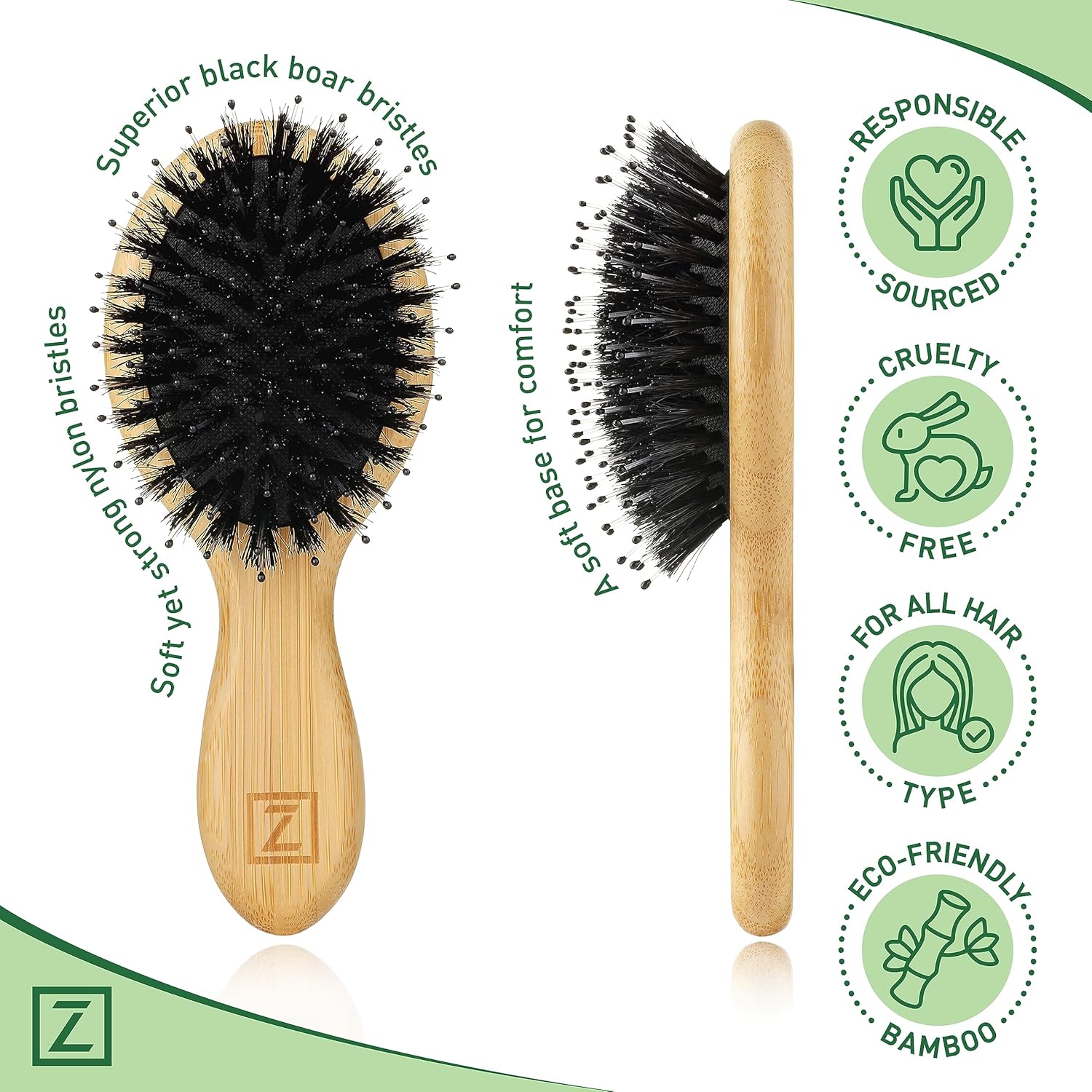 Natural Boar Bristle Hair Brush mini size, portable, easy carry for Women, Men, Kids; Dry and Wet Detangling Hair Brush Gently Enhances Shine, for Fine and Straight, Thick and Curly Hair - Image 4