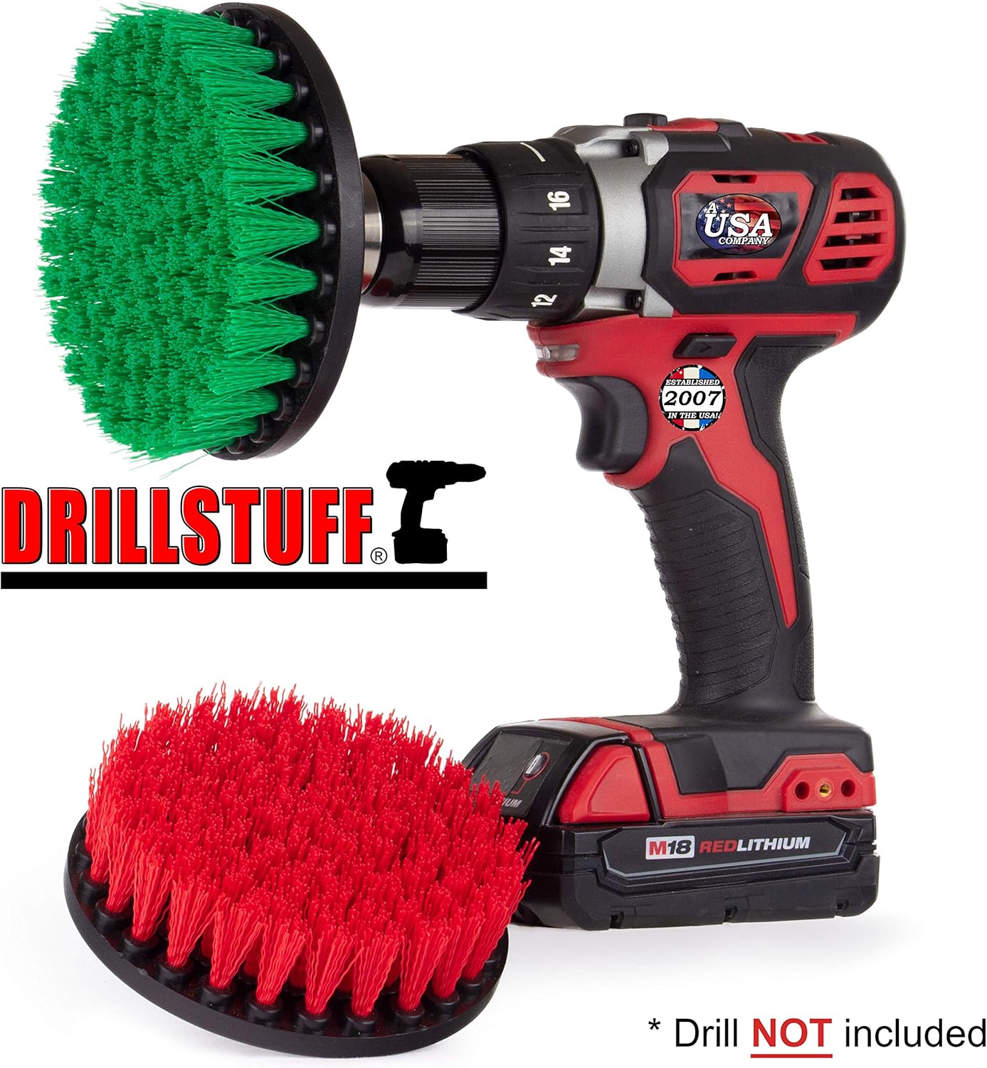 Cleaning Brush Set - 5-inch Medium & Stiff Bristle Drill-Powered Brushes - Green & Red - Kitchen, Tile, Floor & Outdoor Use - Stainless Steel Handle - Nylon Bristles - Image 4