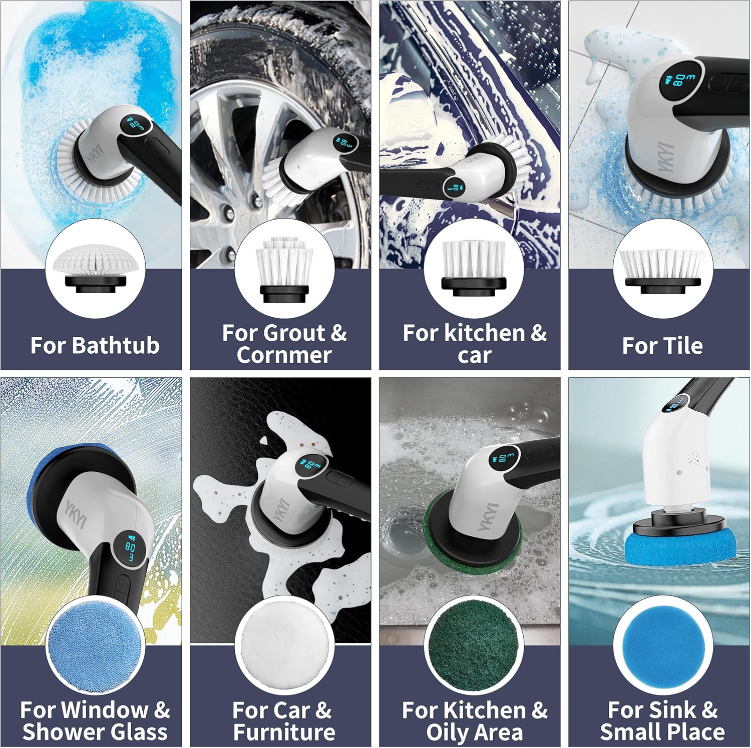 YKYI Electric Spin Scrubber,Cordless Cleaning Brush,Shower Cleaning Brush with 8 Replaceable Brush Heads, Power Scrubber 3 Adjustable Speeds,Adjustable & Detachable Long Handle,Voice Broadcast - Image 6
