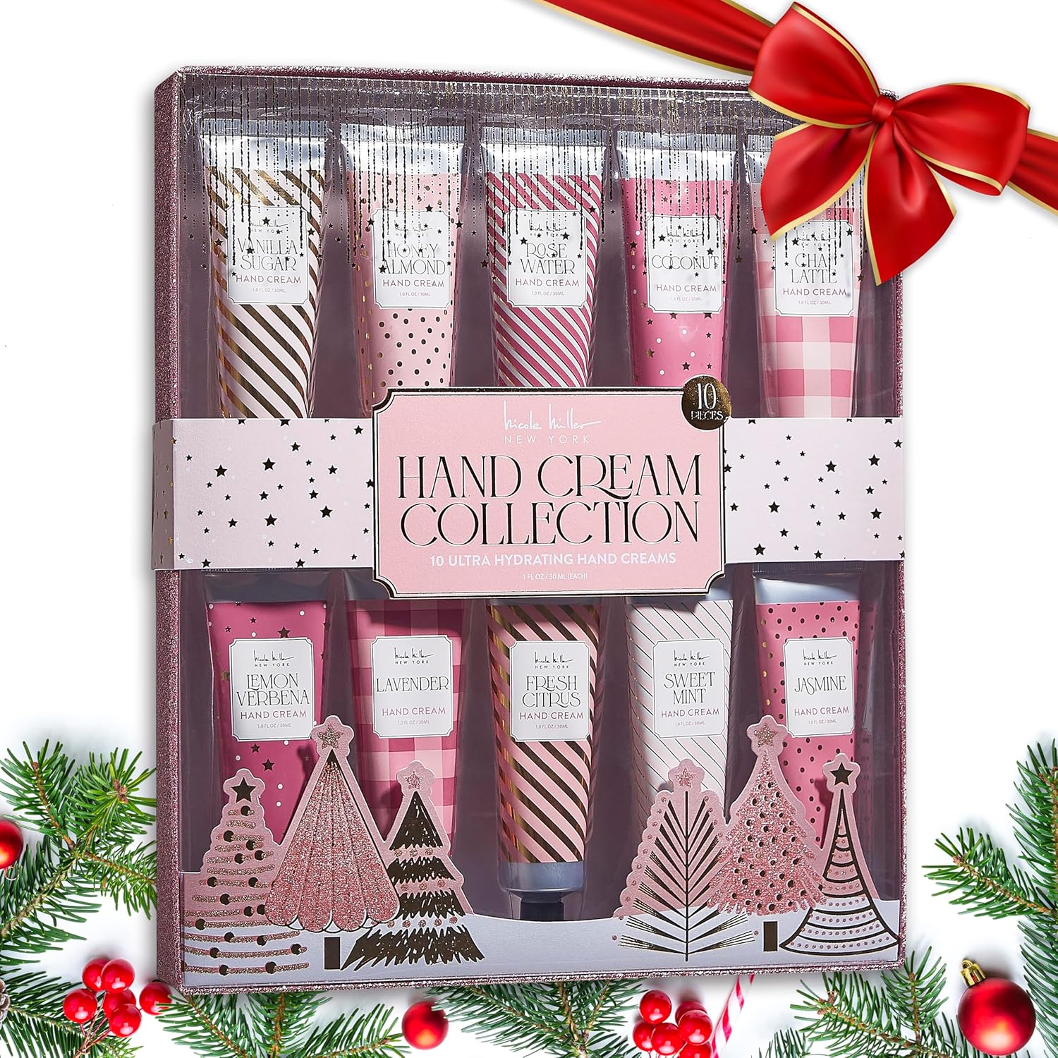 Nicole Miller New York 10-Piece Festive Fragrance Hand Cream Collection - 30ml Each Bottle, Ultra Hydrating Luxury for Your Hands, Pink Gold
