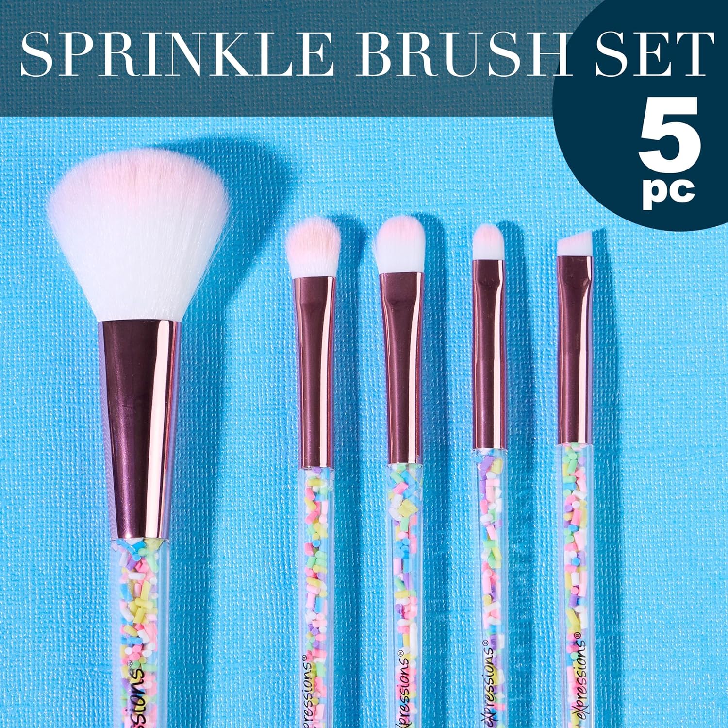 5pc Sprinkle Confetti Makeup Brush Set in Pink - Beautiful Makeup Brush Set w/Rainbow Sprinkles Handles, Dense Bristles | Premium Cosmetic Brushes - Image 2